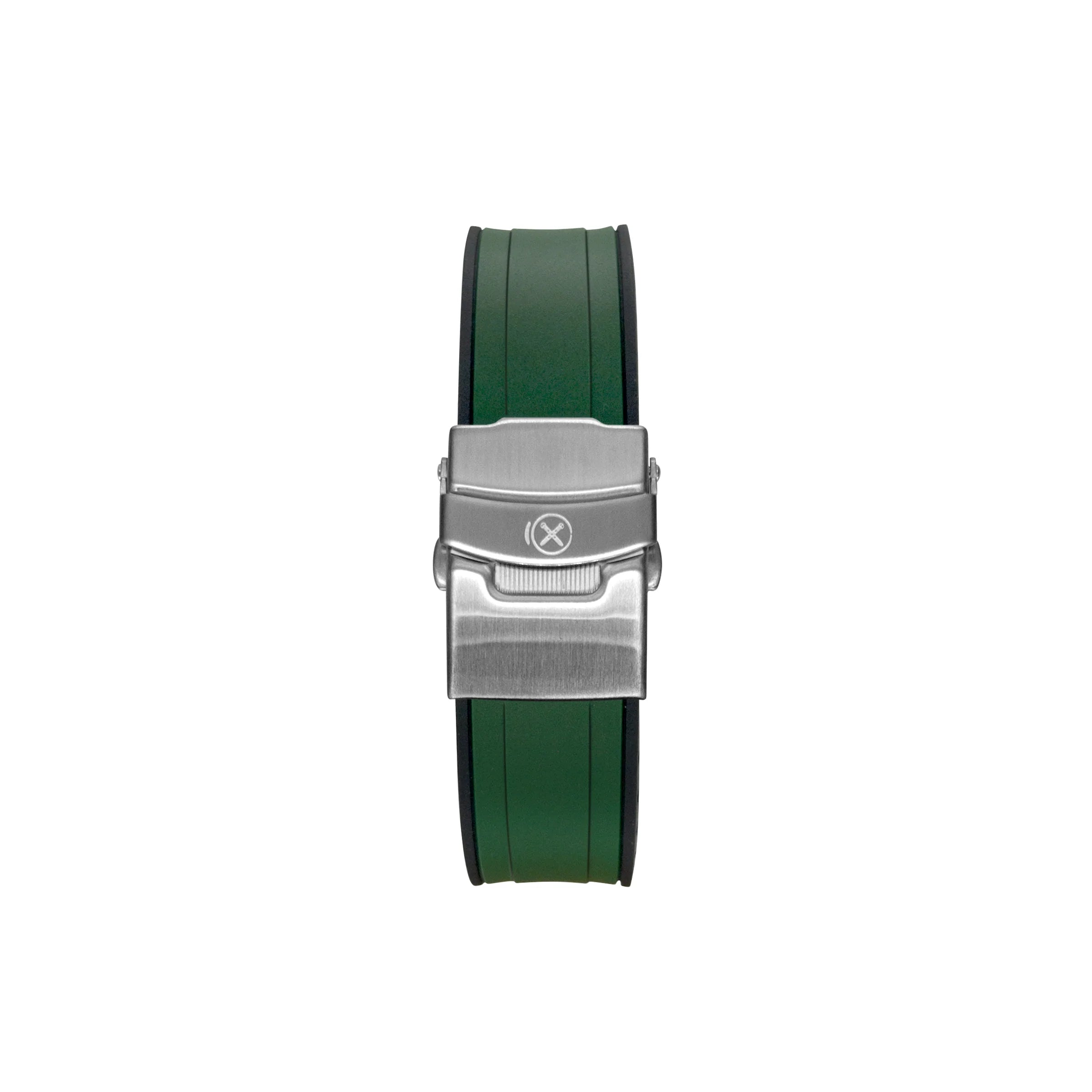 Green rubber curved-end watch strap with stainless steel brushed metal buckle and logo for Seiko 5 Sports GMT