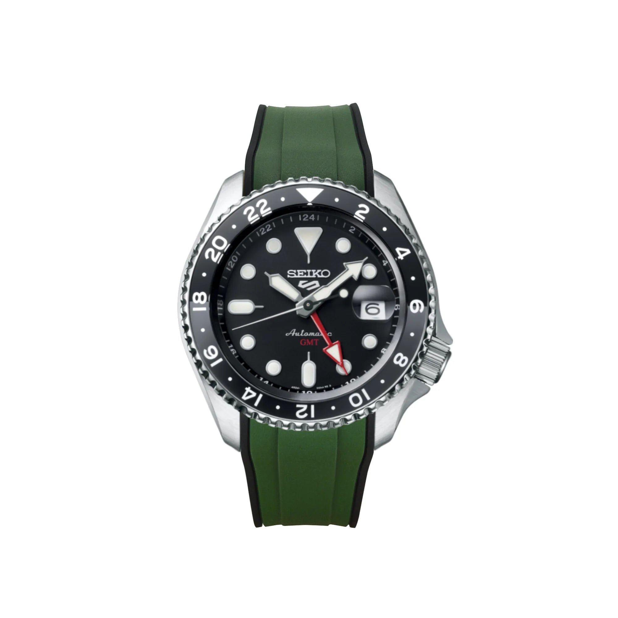 Seiko 5 Sports GMT automatic watch with black dial, stainless steel case, and green rubber strap with curved ends