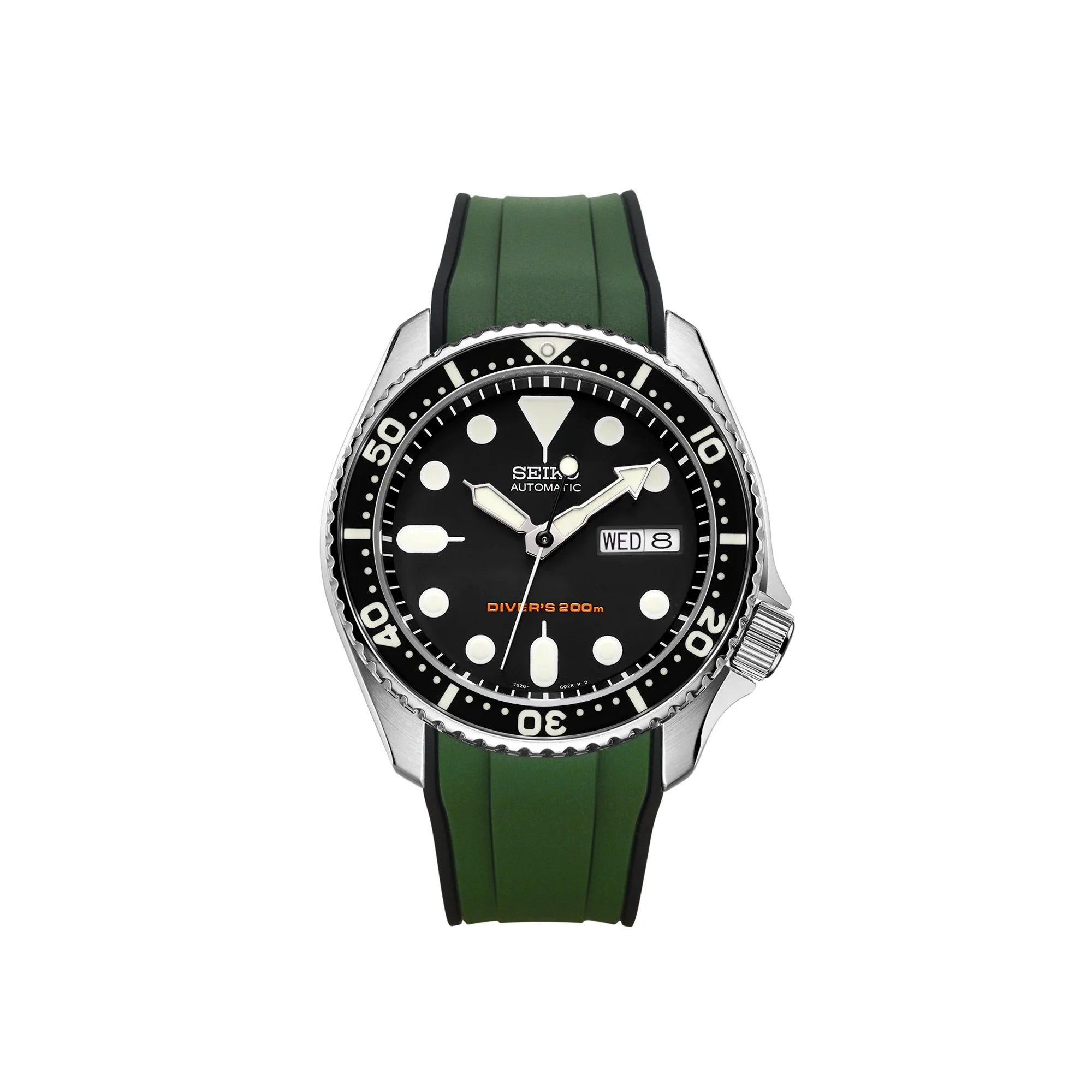 Seiko automatic diving watch with black dial, stainless steel case, rotating bezel, day-date window, and green rubber strap with black accents