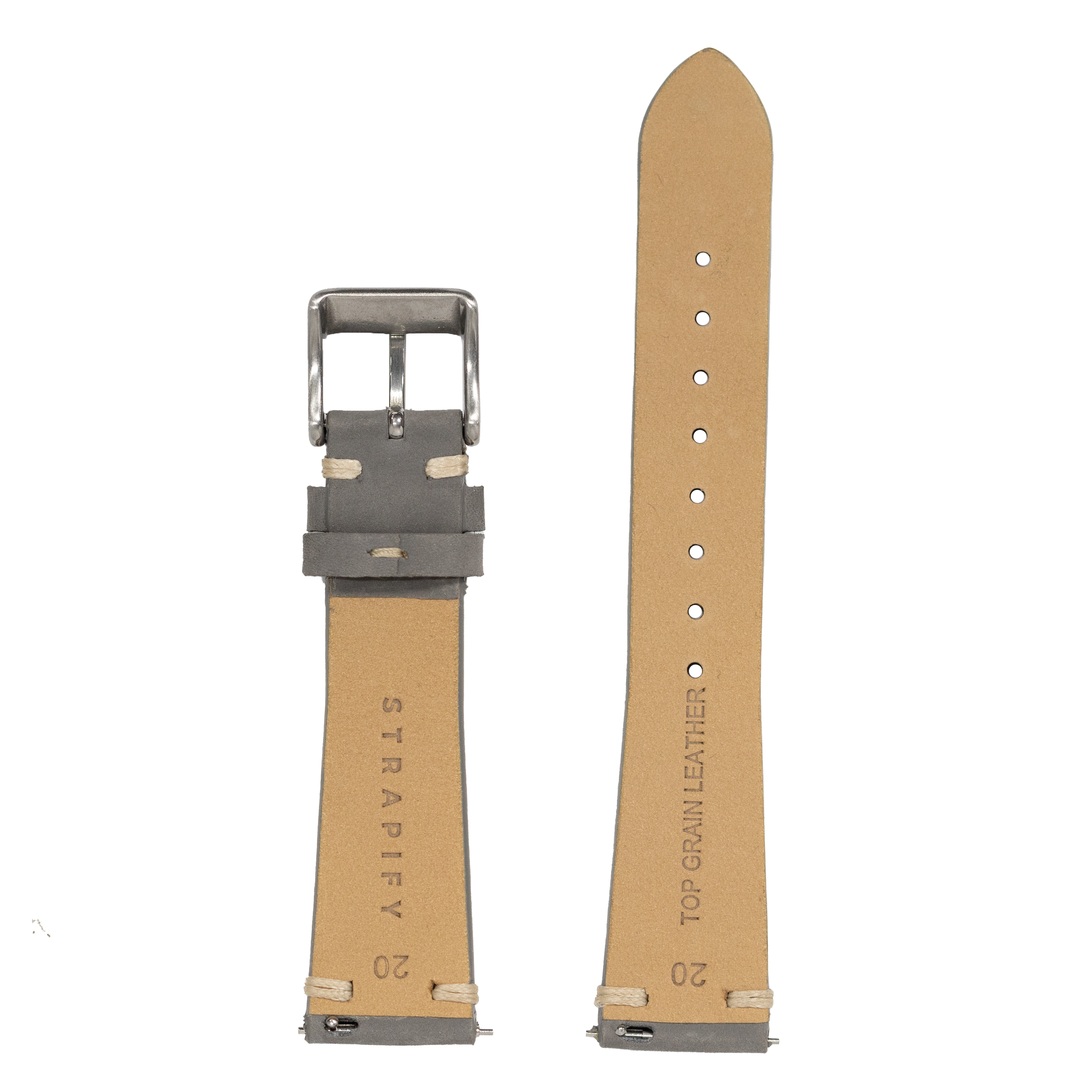 Tan nubuck leather Apple Watch band with grey buckle, showing front and back view with adjustment holes and branding