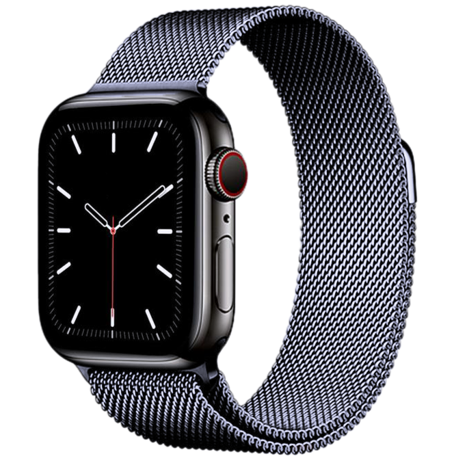 Black stainless steel smartwatch with grey mesh Milanese loop band and red digital crown