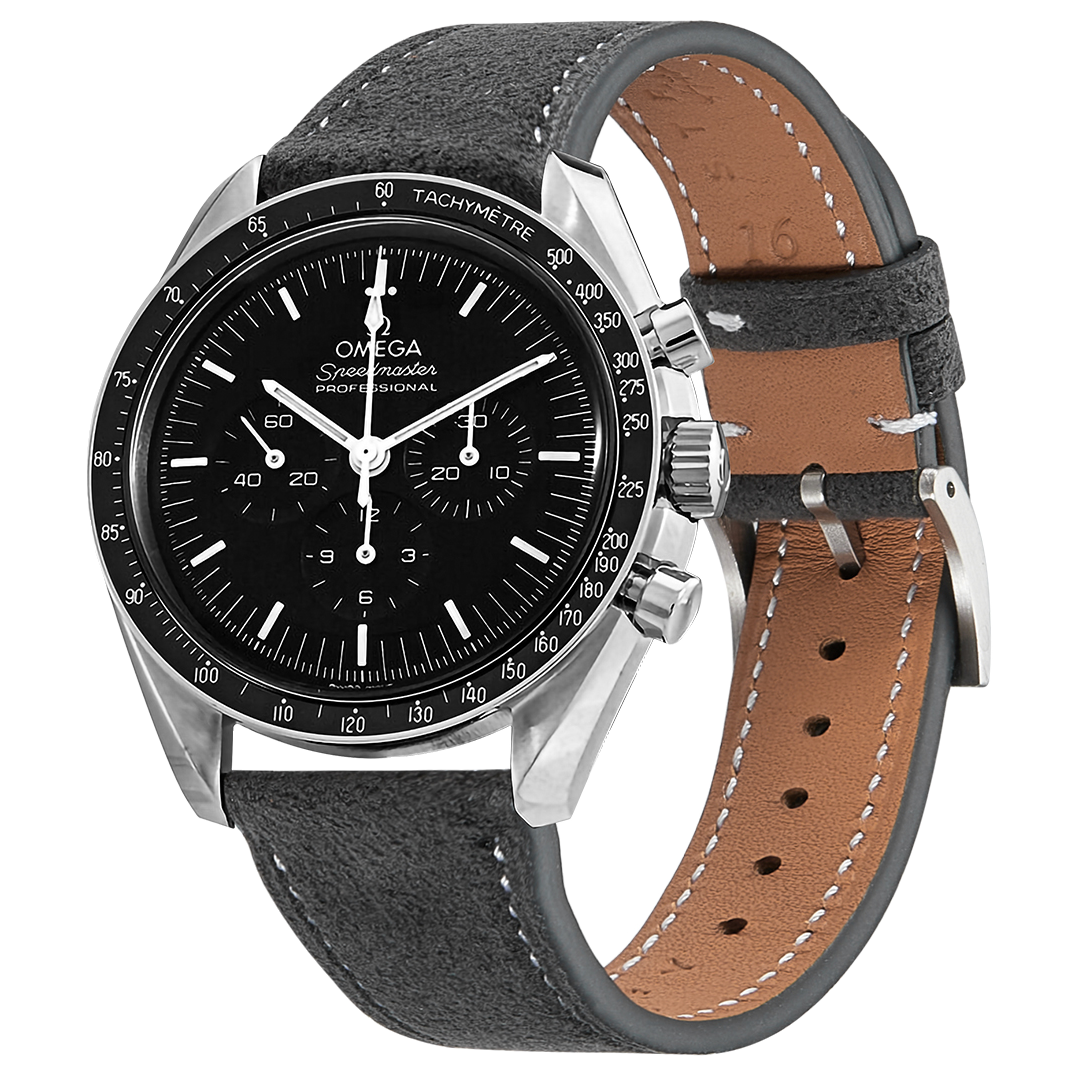 Omega Speedmaster Professional chronograph watch with dark grey Alcantara leather quick release strap and white stitching