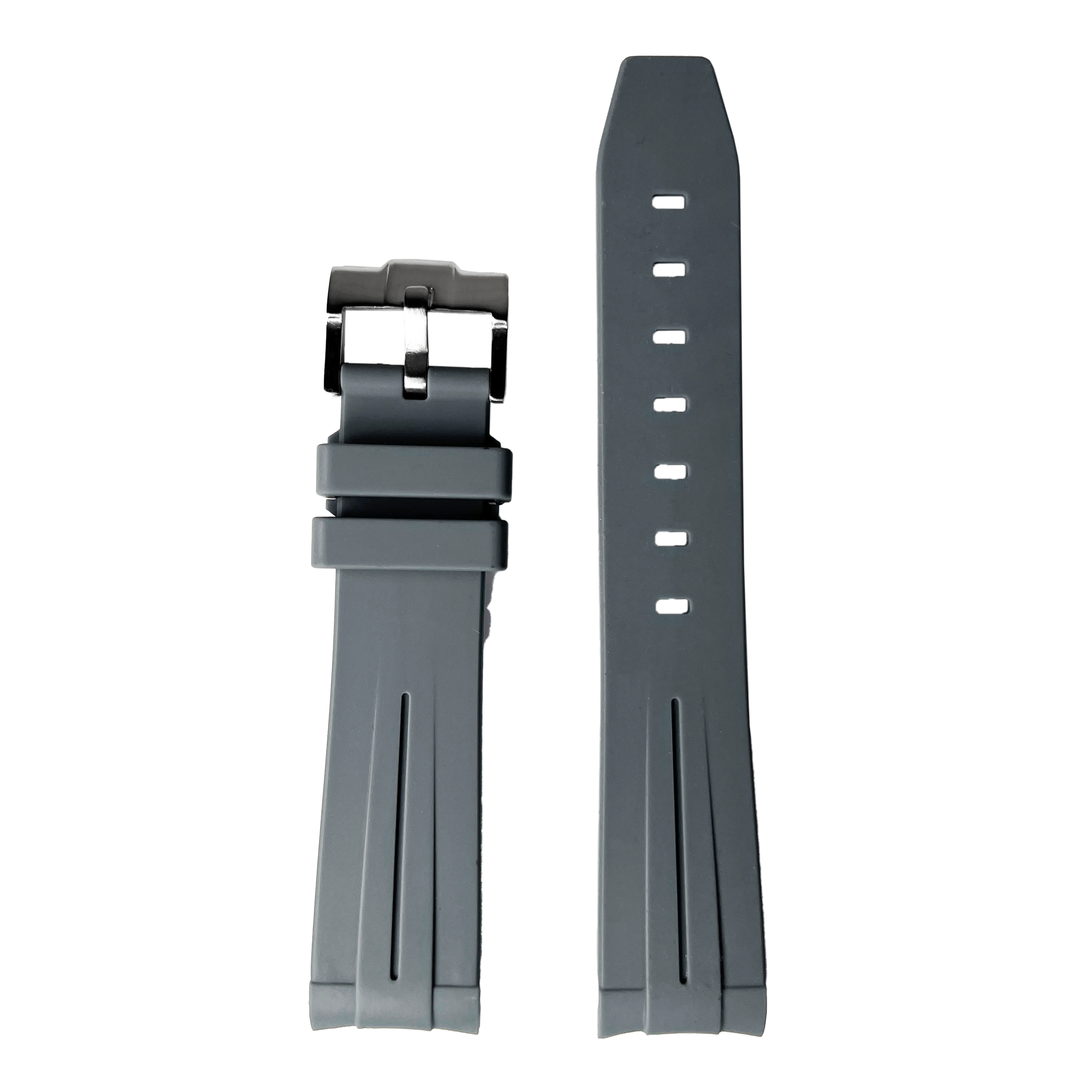 Curved dark grey rubber watch strap with black buckle, shown assembled and disassembled side by side