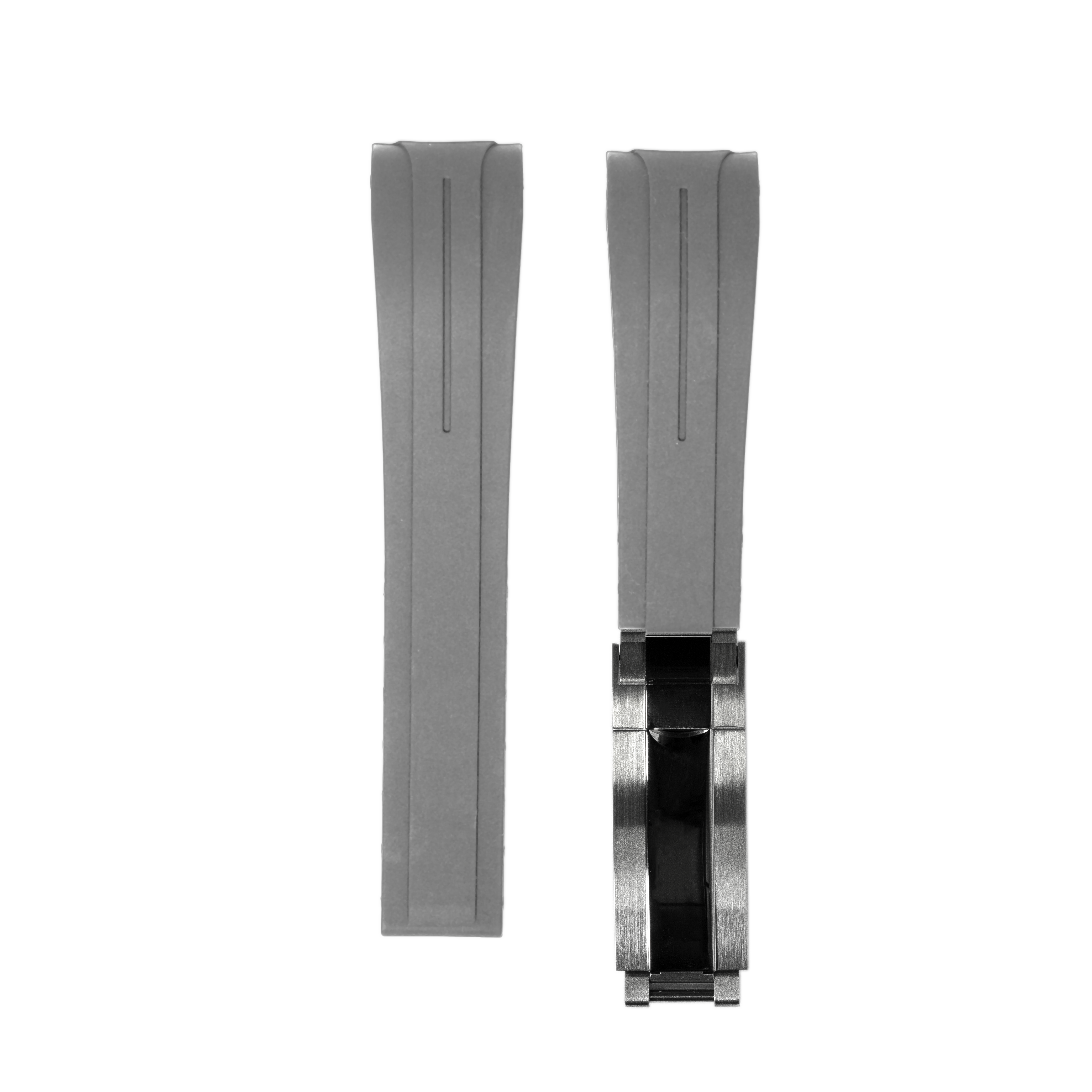 Gray curved rubber watch strap with brushed steel micro-adjustable oyster clasp deployment buckle