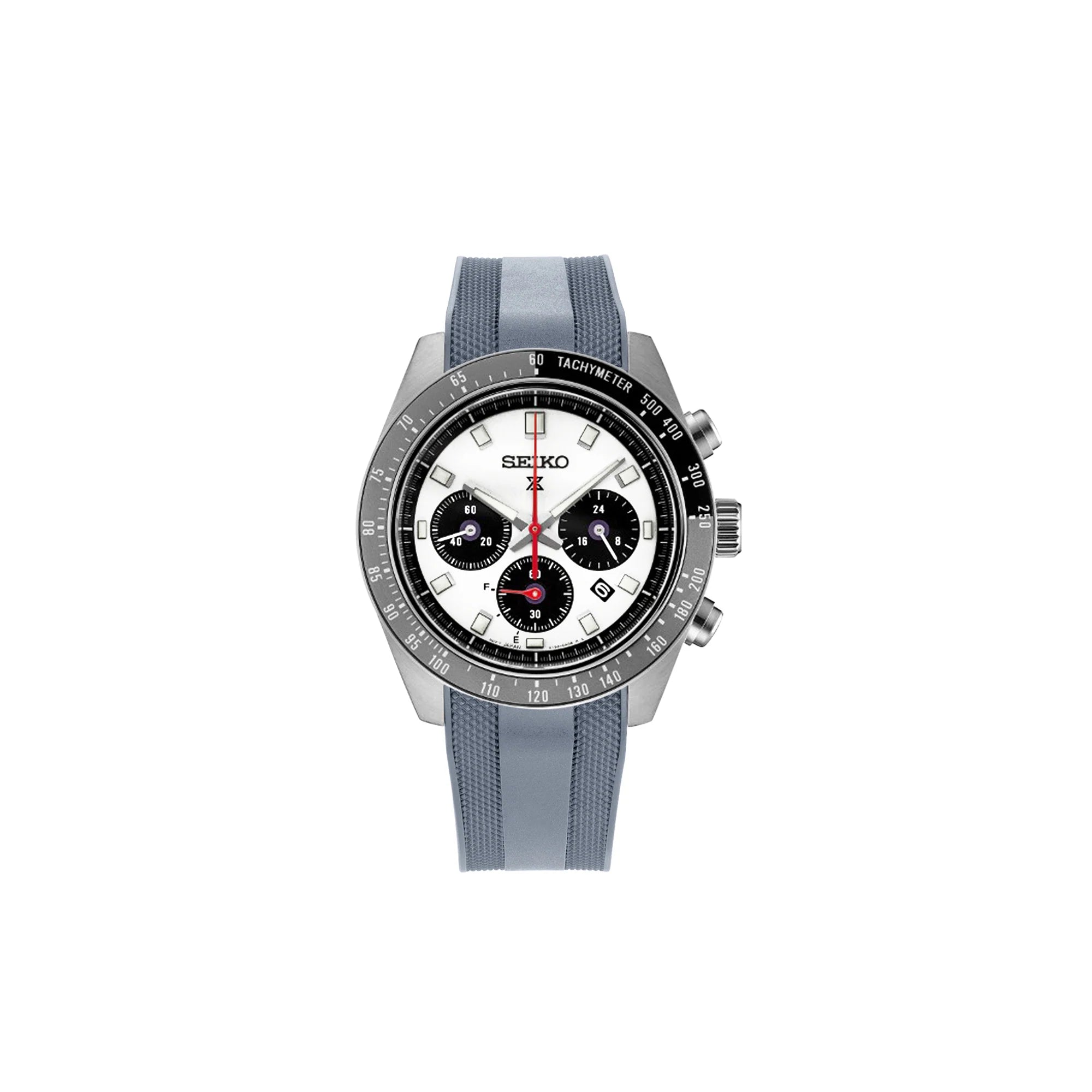 Seiko Prospex SPEEDTIMER chronograph watch with white dial, black subdials, tachymeter bezel, and gray rubber strap