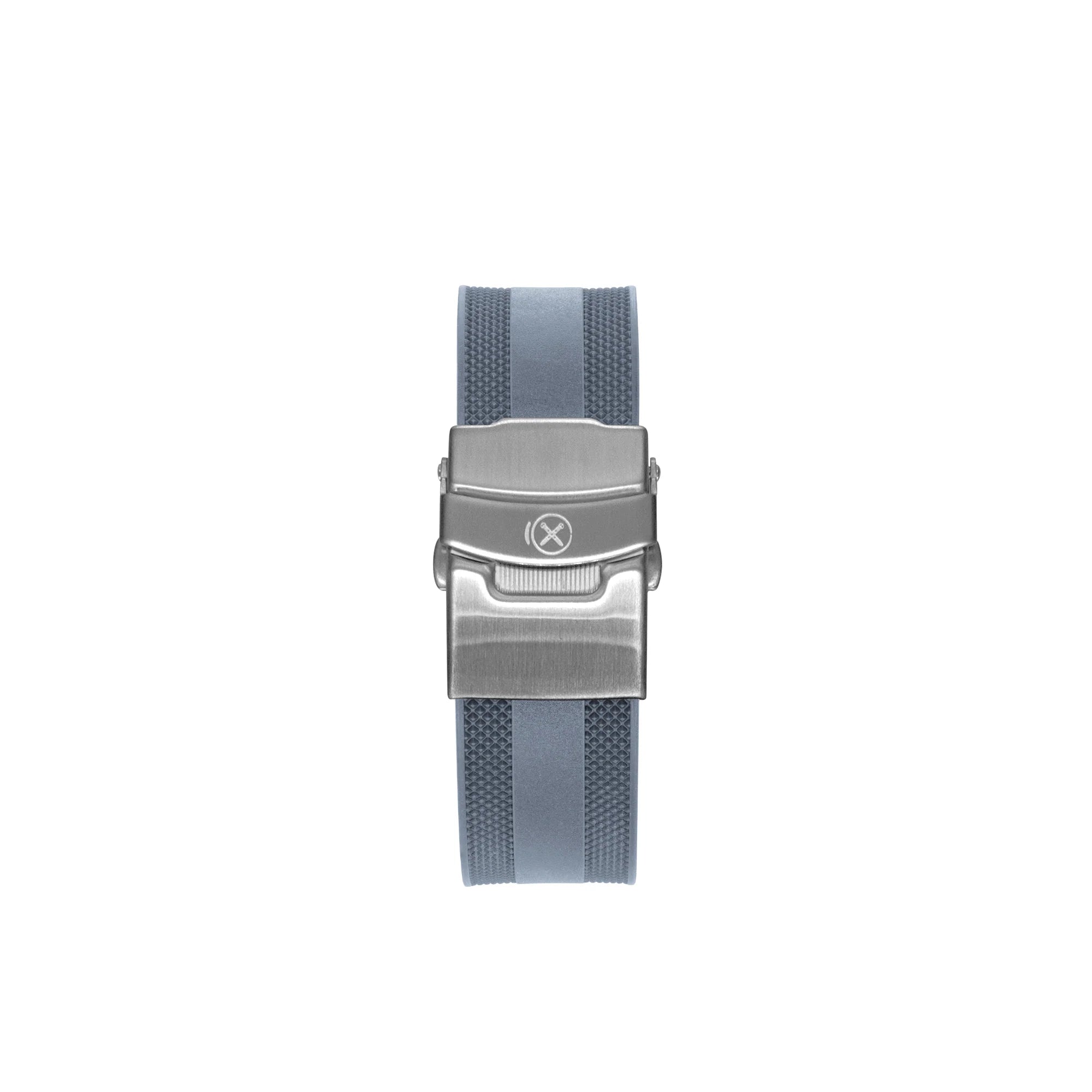 Gray curved-end rubber strap with brushed metal buckle for Seiko Prospex SPEEDTIMER SSC813 watch
