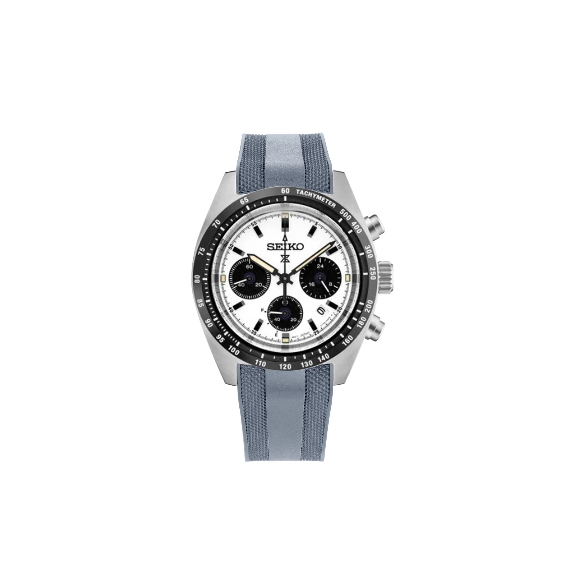 Seiko Prospex SPEEDTIMER chronograph watch with white dial, black subdials, tachymeter bezel, and gray rubber strap
