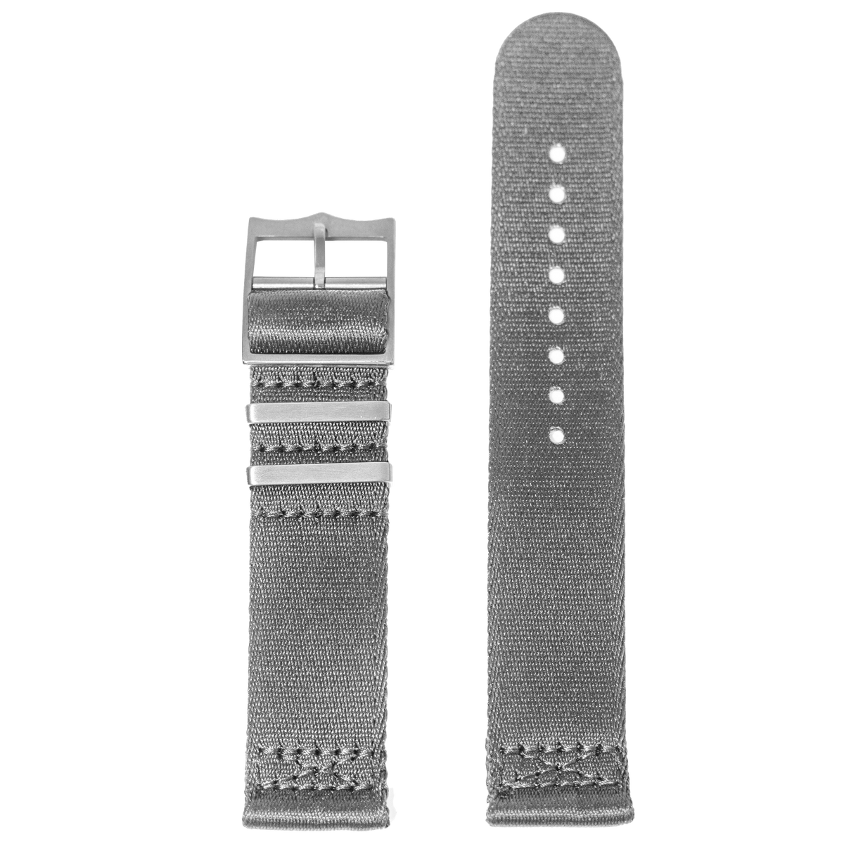 Grey fabric watch band with metal buckle and adjustment holes, compatible with Apple Watch Ultra models