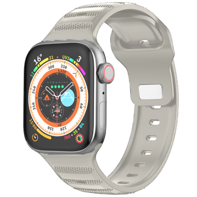 Beige sports smartwatch with ridged rubber band and colorful digital watch face display