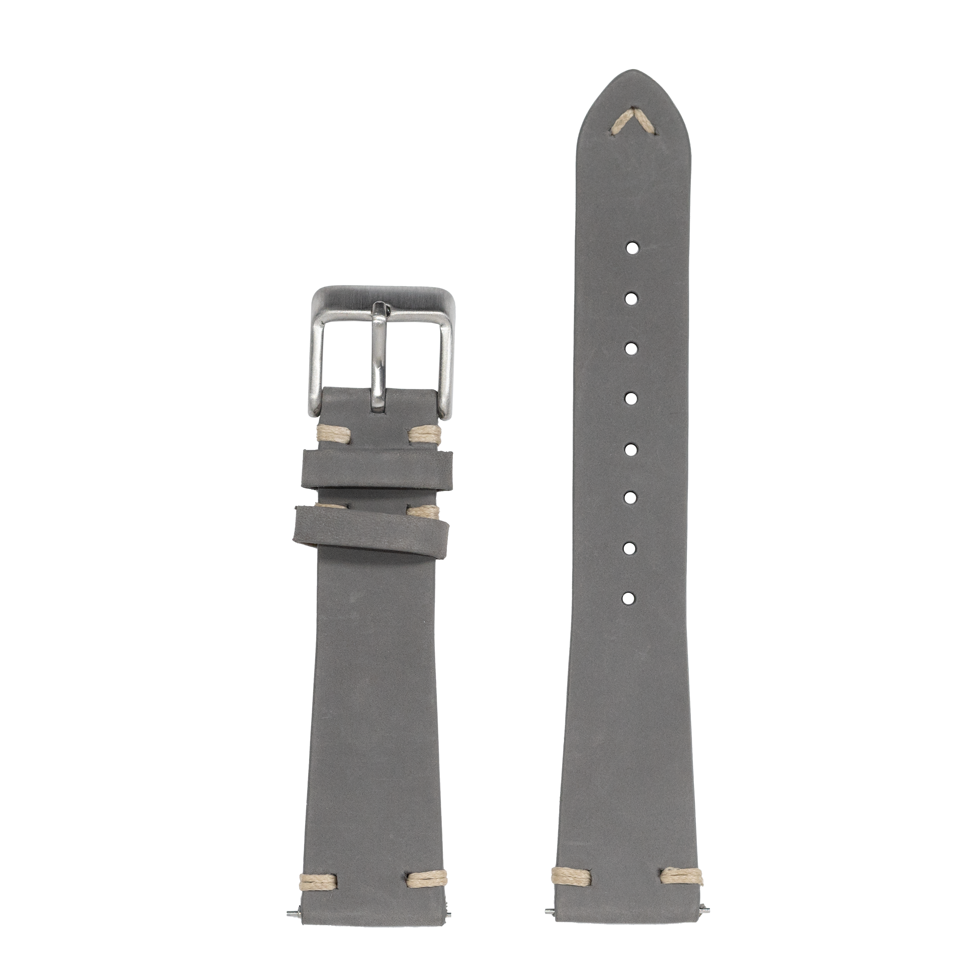 Grey nubuck leather watch strap 26mm with quick-fit system, vintage knotted design, metal buckle and beige accent stitching