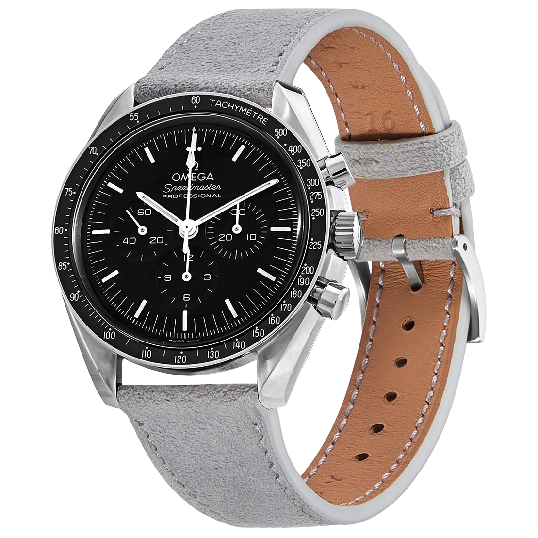Omega Speedmaster Professional chronograph watch with black dial, stainless steel case, and grey Alcantara leather strap with quick release