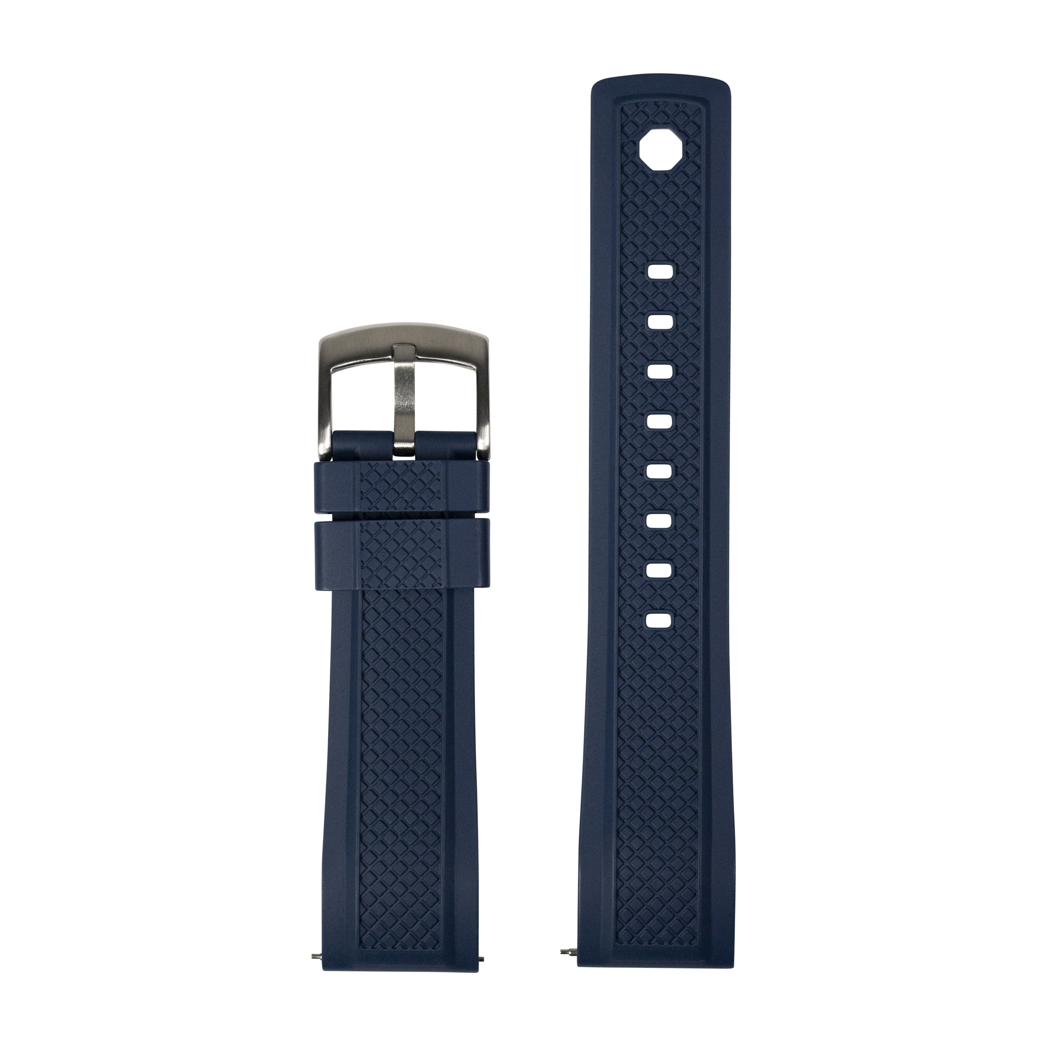 Navy blue rubber watch band with quilted pattern, stainless steel buckle, and quick-fit pins on white background