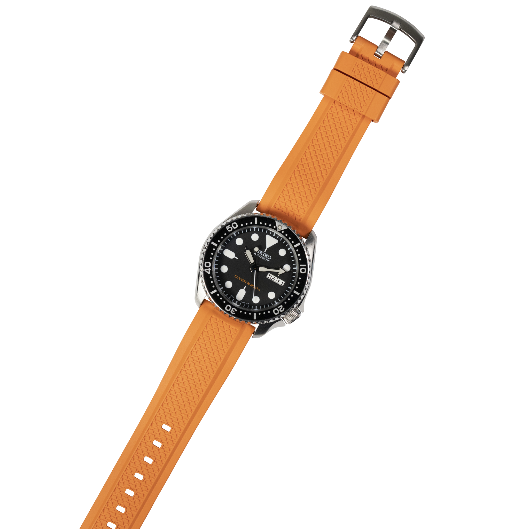 Dive watch with black dial and orange rubber GridLock FKM quick release strap featuring textured pattern and stainless steel case