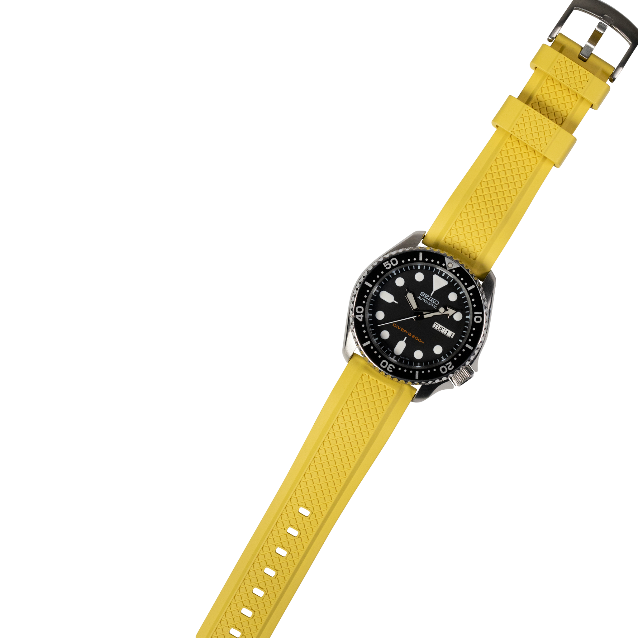 Black dive watch with yellow textured rubber strap and rotating bezel on white background