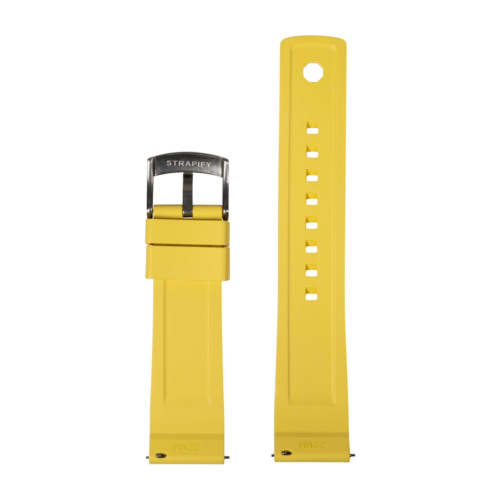 Yellow silicone watch band with stainless steel buckle and multiple adjustment holes, compatible with Fitbit Versa and Sense smartwatches