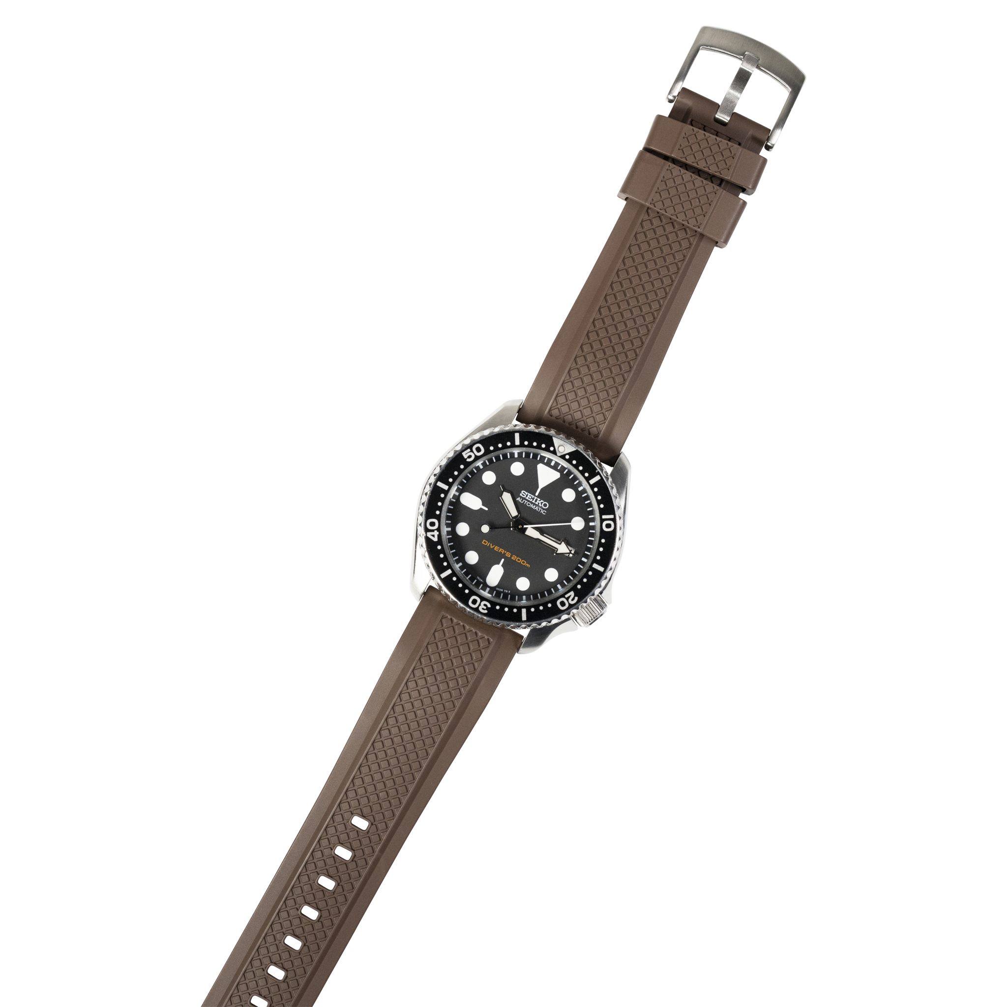 Dive watch with black dial and rotating bezel on brown textured rubber strap with metal buckle