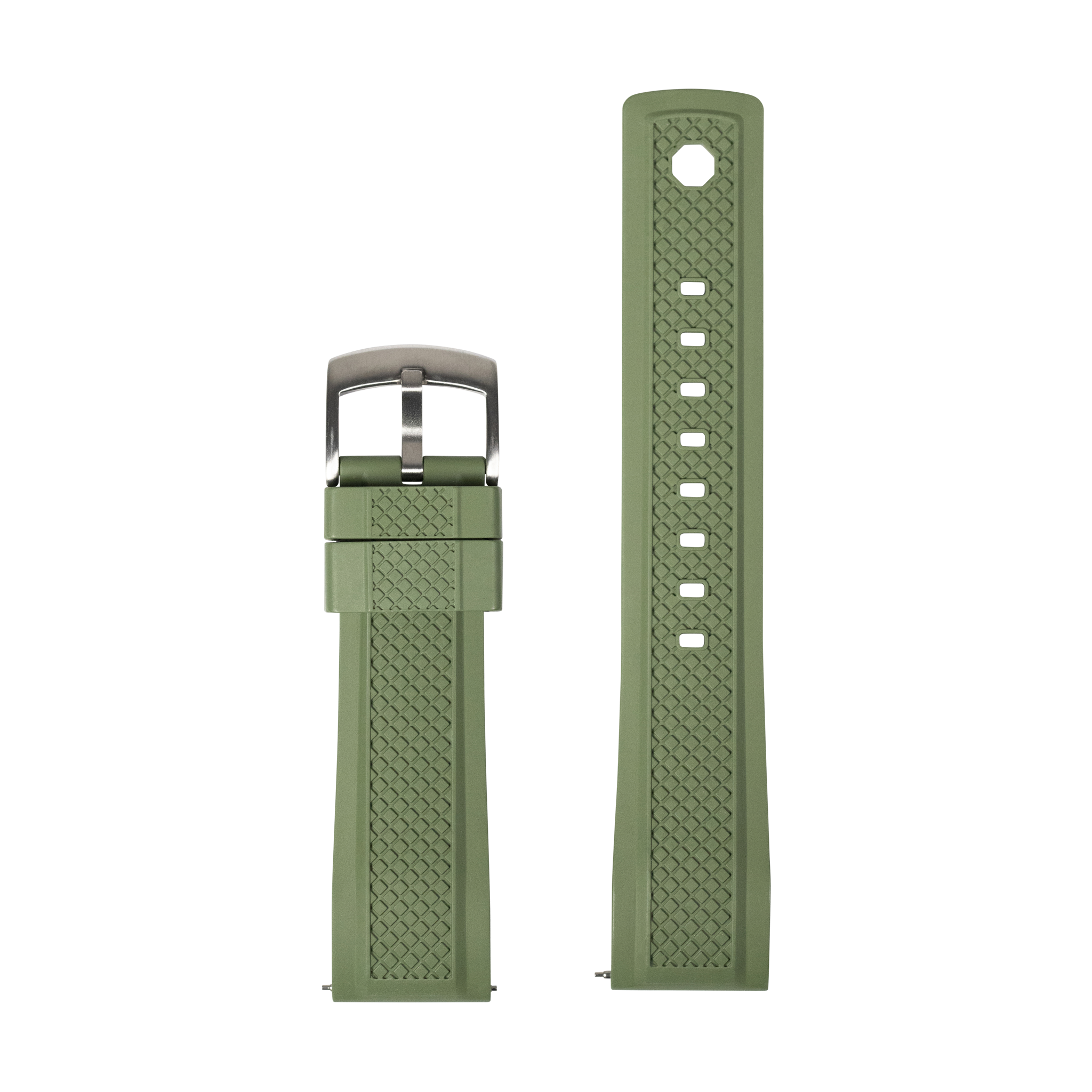 QuickFit GridLock forest green FKM rubber watch strap 26mm with textured pattern and gunmetal buckle