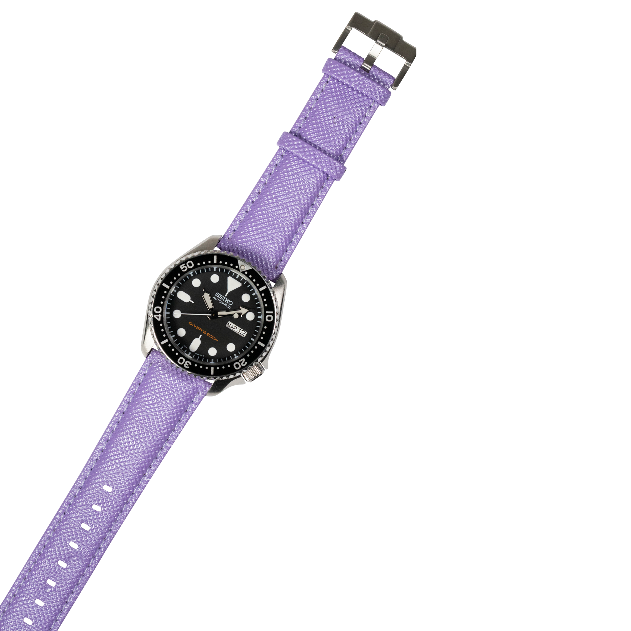 Dive watch with black dial and stainless steel case on purple sailcloth fabric watch band with black buckle