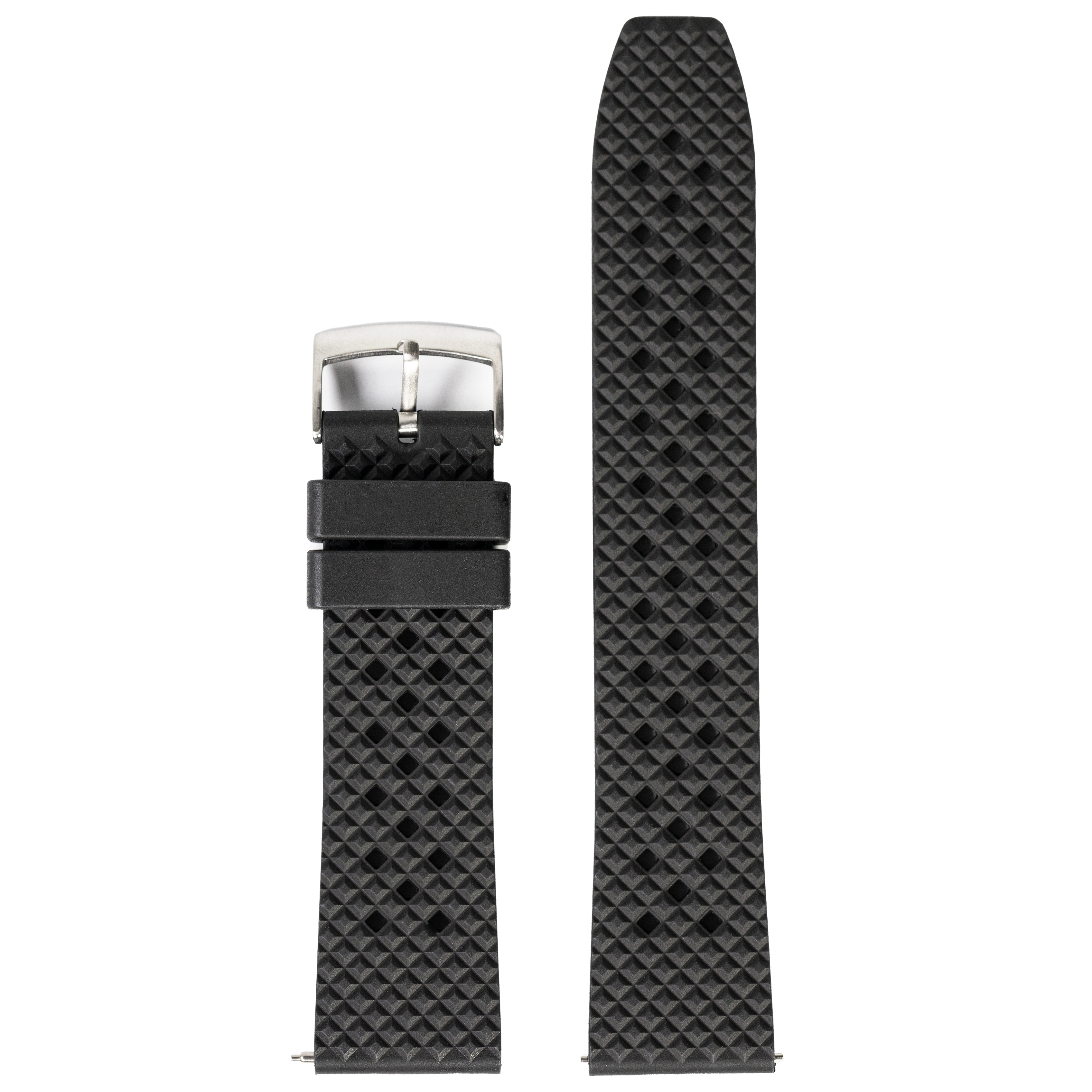 Black rubber watch strap with quilted diamond pattern texture, QuickFit 26mm band with stainless steel buckle clasp