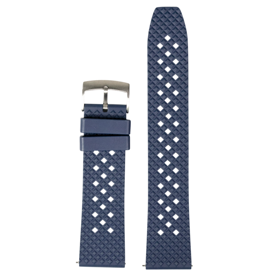 Navy blue FKM rubber quick release watch band with honeycomb texture pattern and white diamond perforations