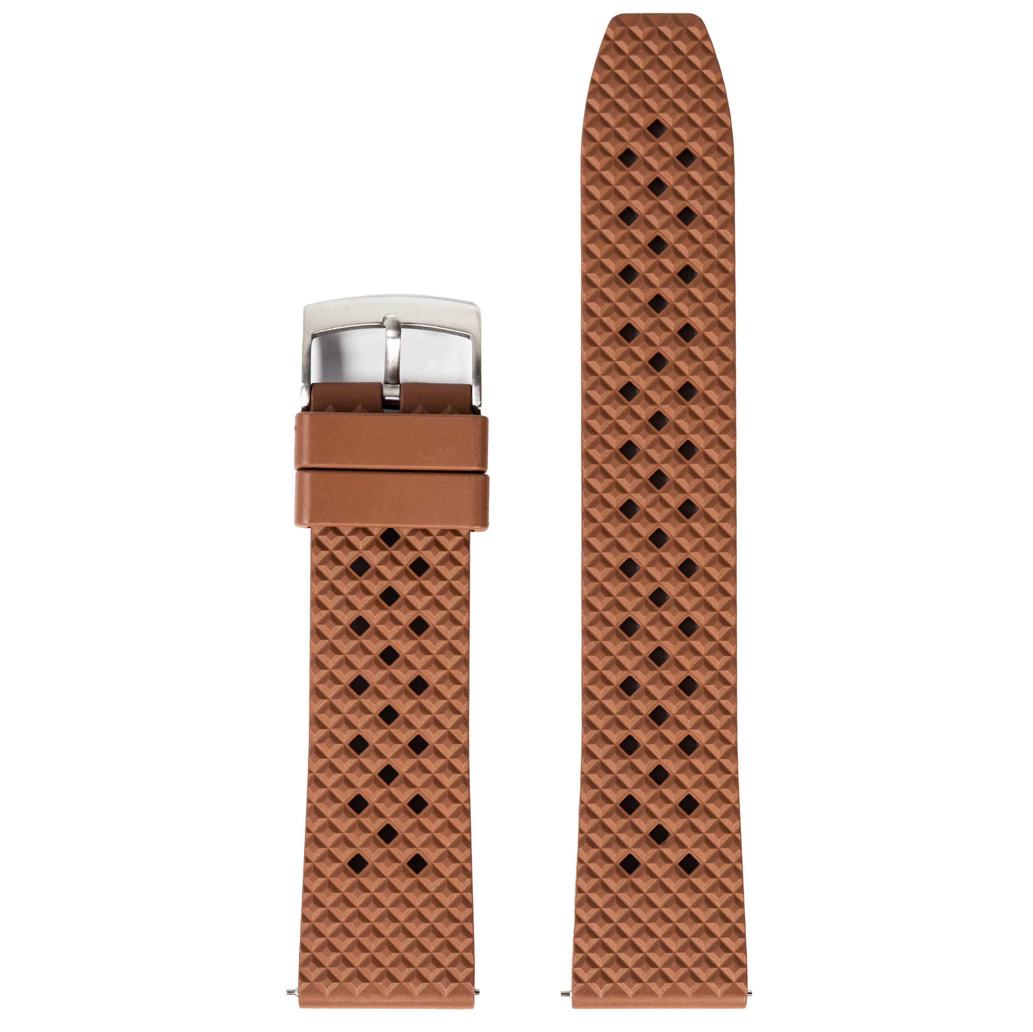 Brown rubber watch strap with honeycomb texture pattern, quick release buckle and metal hardware