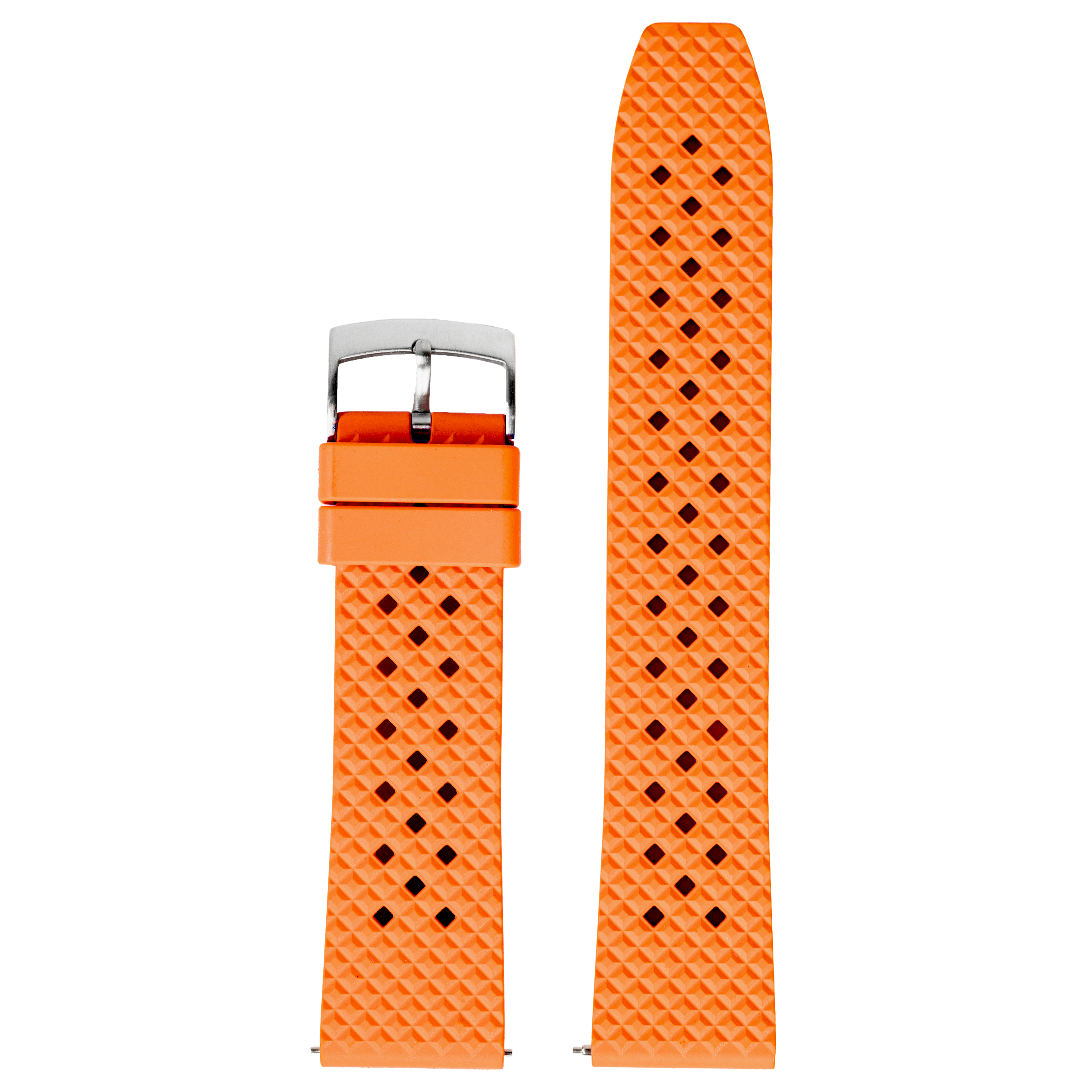 Orange rubber watch band with quilted honeycomb texture, black diamond pattern, and stainless steel quick release buckle