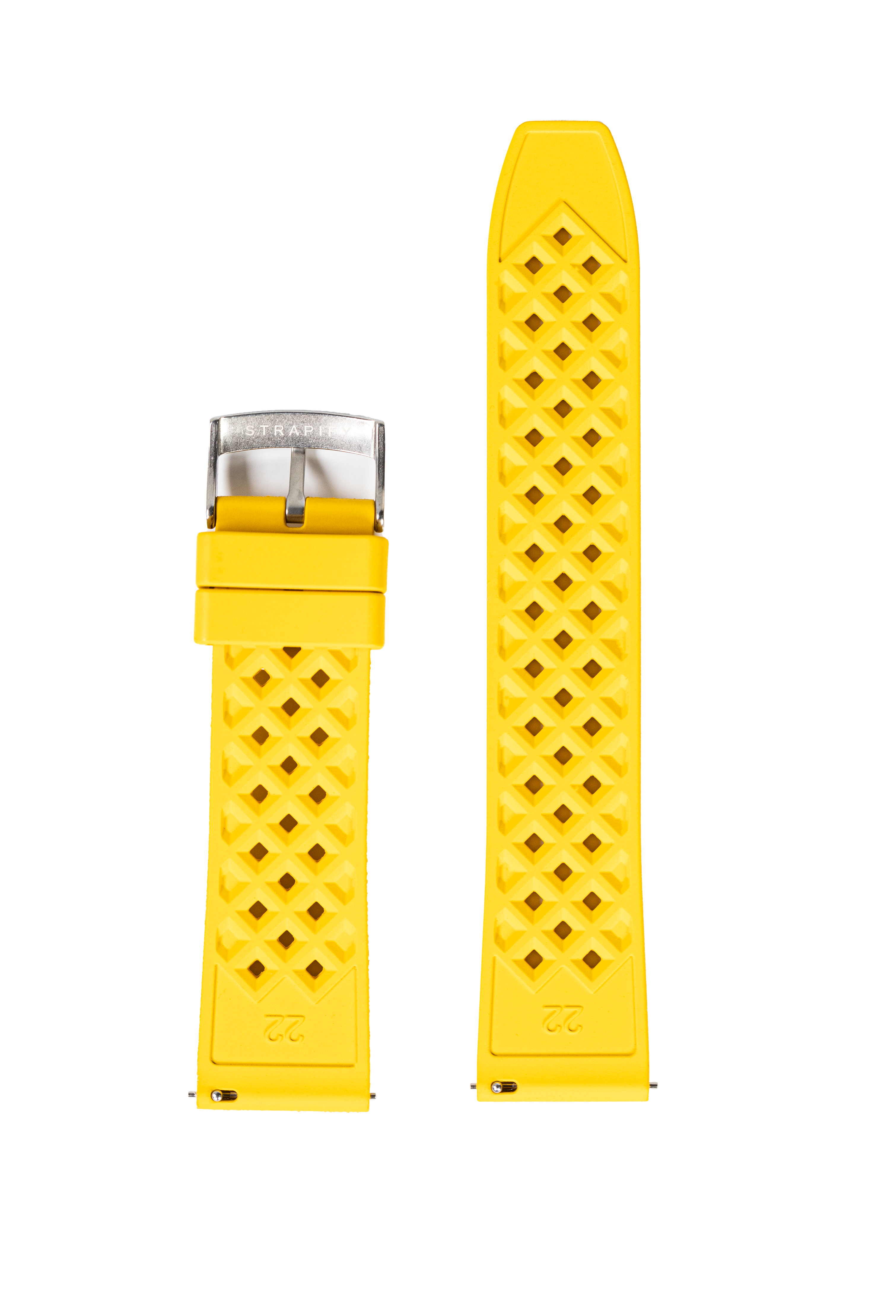 Bright yellow FKM rubber watch strap with diamond honeycomb texture pattern and quick release mechanism with steel buckle