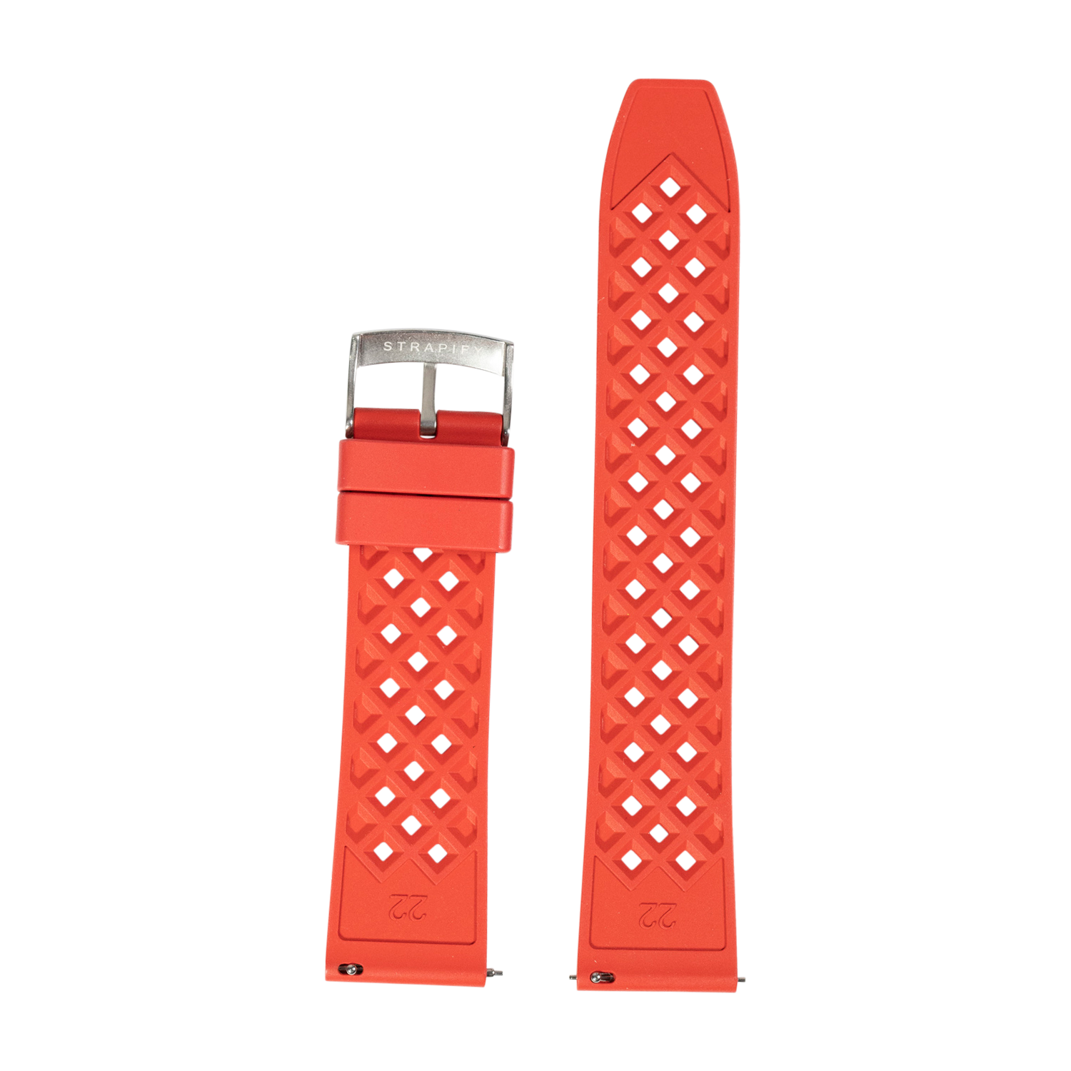 Red silicone quick release watch strap with diamond honeycomb pattern and stainless steel buckle