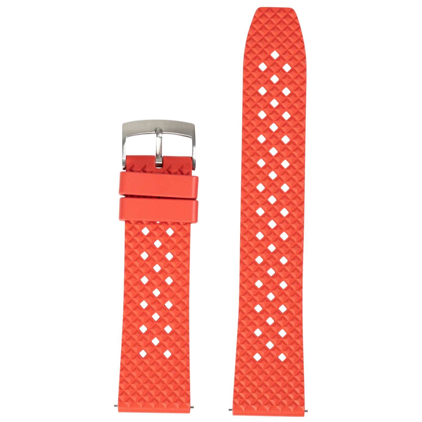 Red quick release rubber watch strap with white diamond pattern and stainless steel buckle