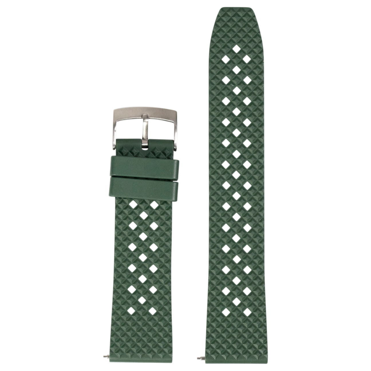 Green quick release rubber watch band with honeycomb pattern and diamond cutout design, displayed with buckle