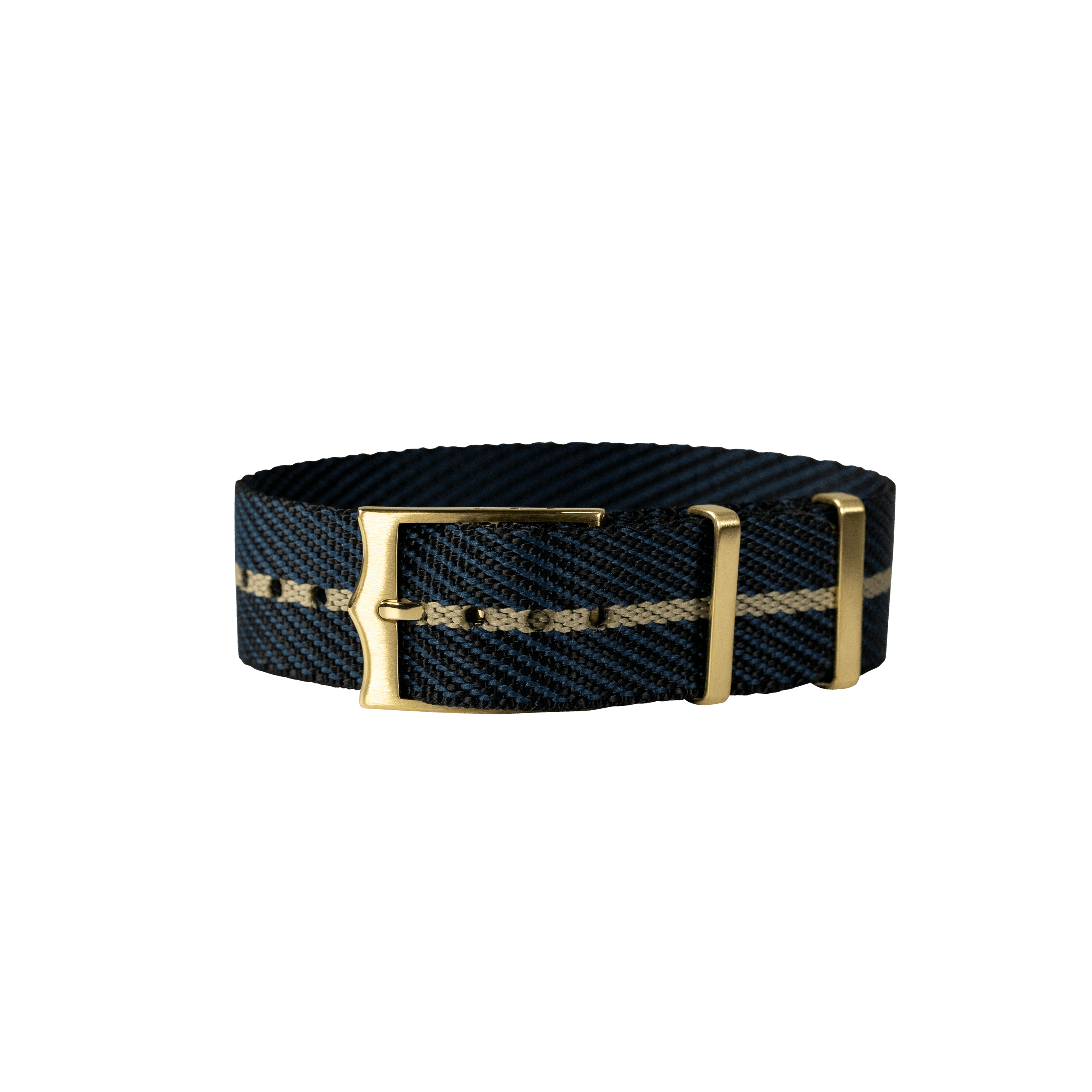Adjustable navy blue canvas military belt with gold buckle and hardware, khaki stripe detail