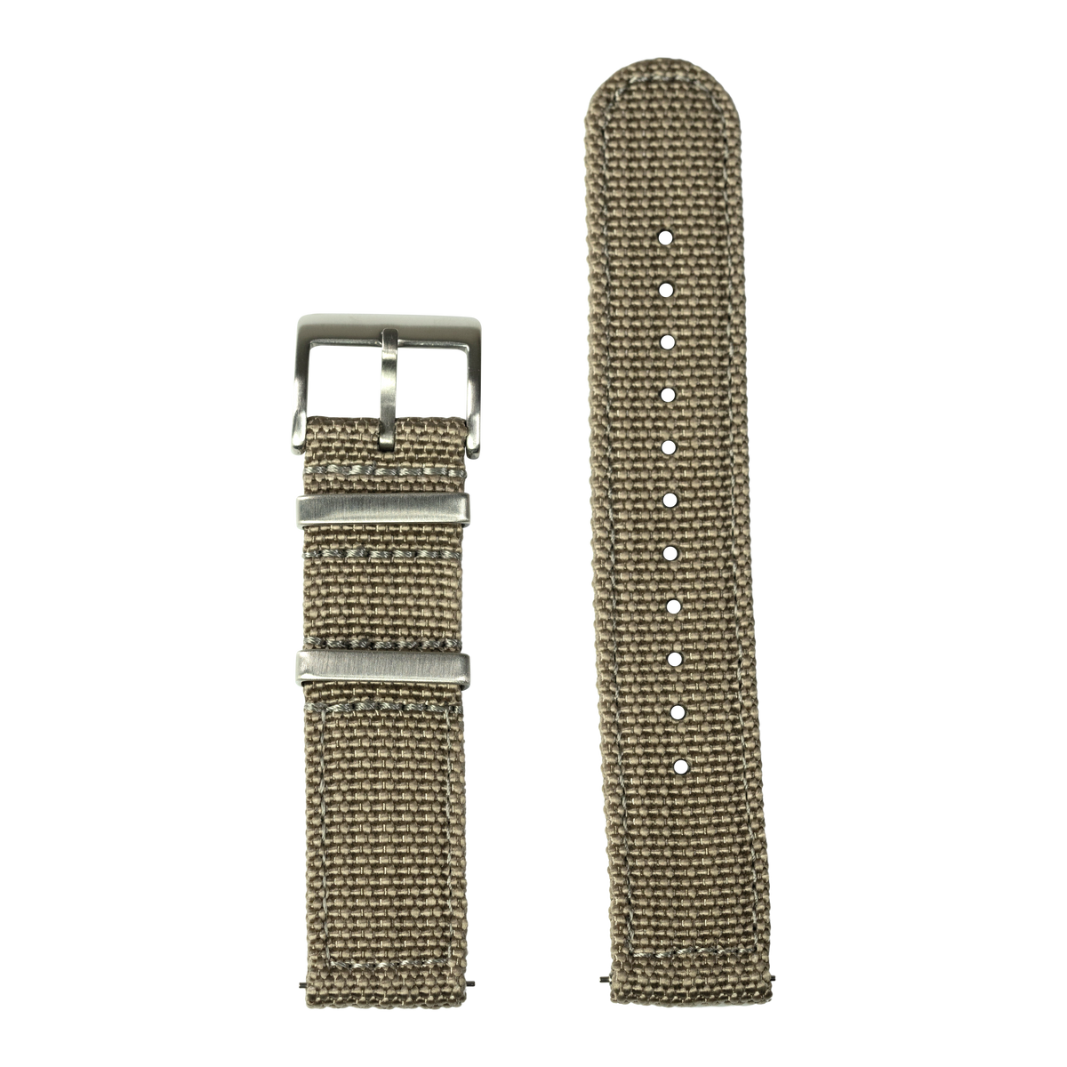 Khaki canvas watch band with metal buckle and adjustment holes, displayed fastened and unfolded against white background