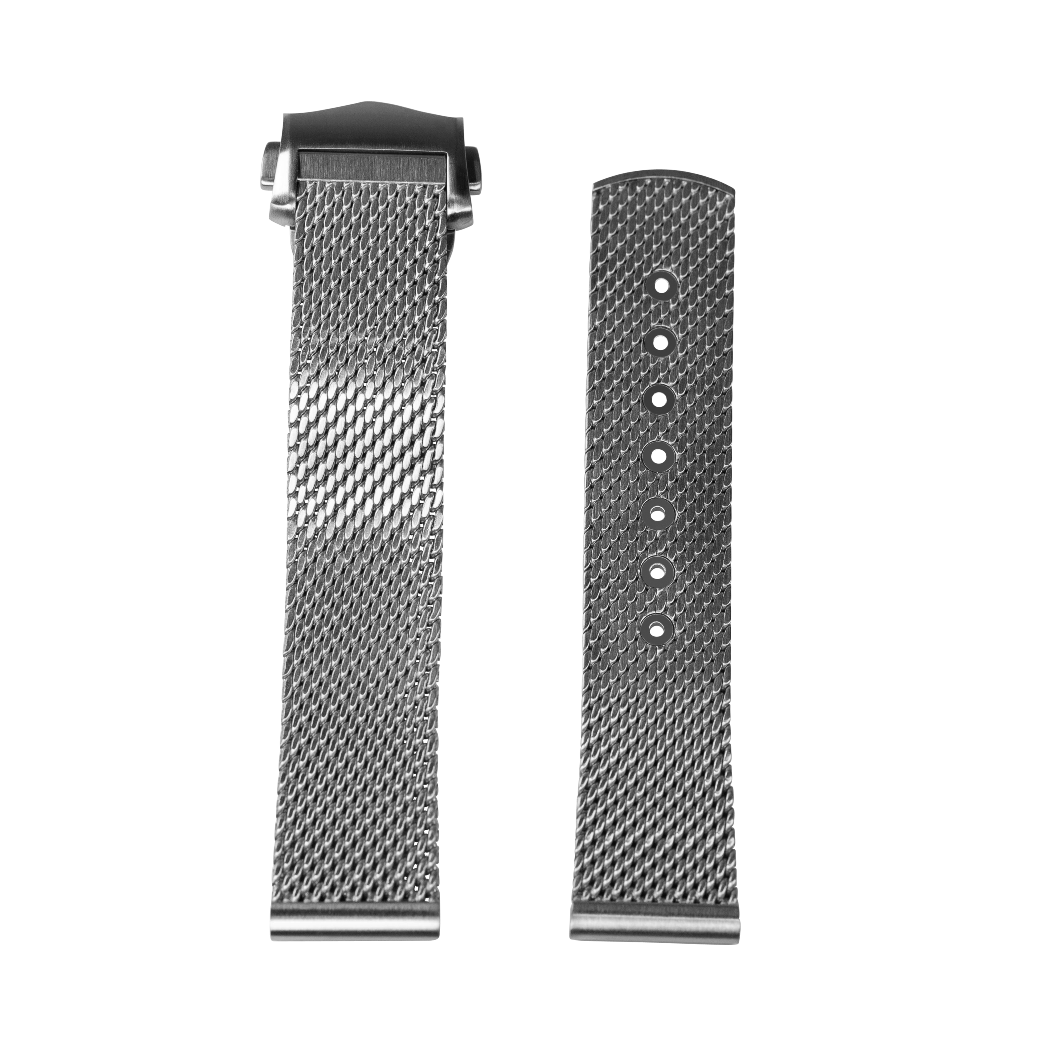 Stainless steel mesh watch bands with folding clasp for Fitbit Versa and Sense smartwatches, shown front and back view