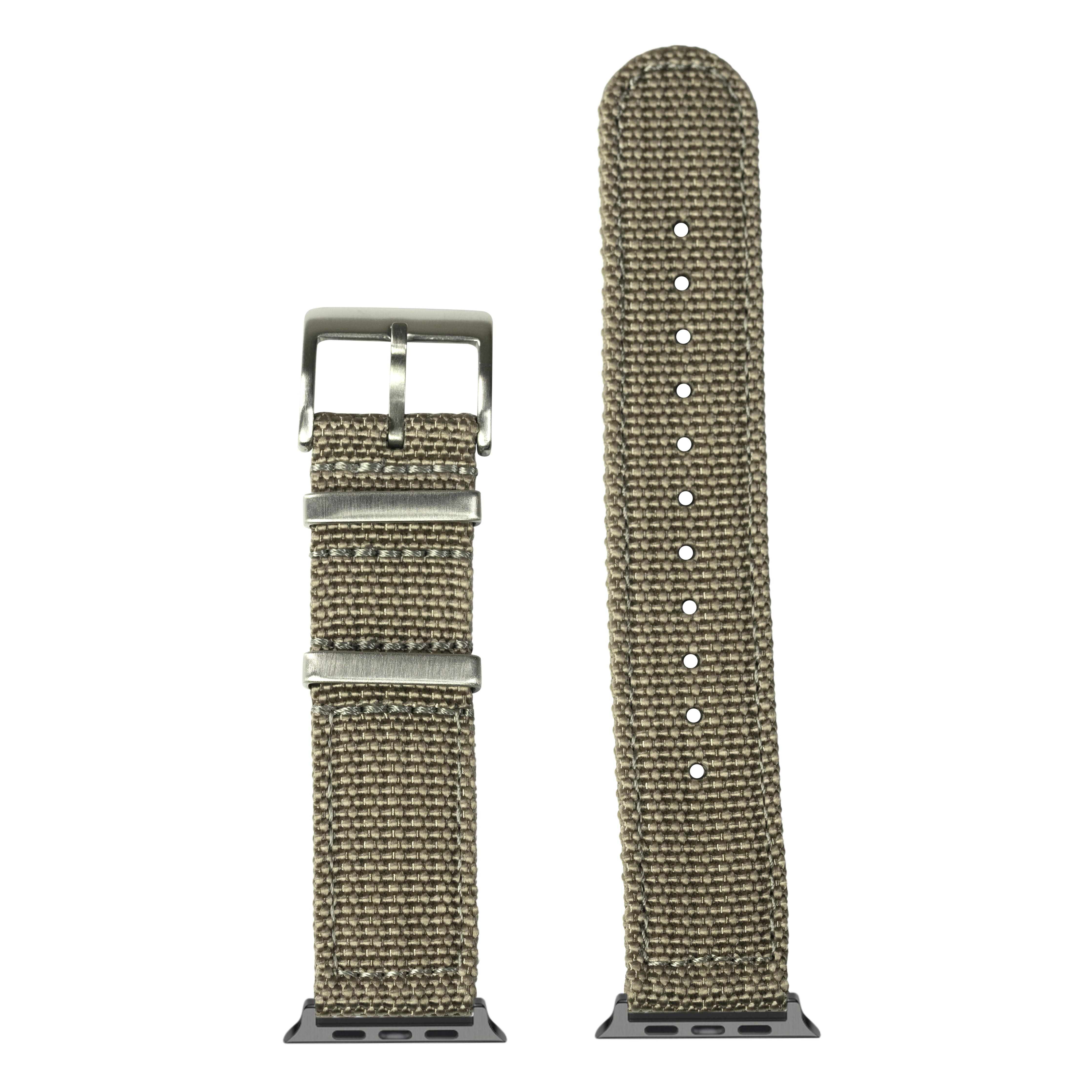 Khaki canvas Apple Watch band with metal buckle and adjustment holes, showing assembled and extended views