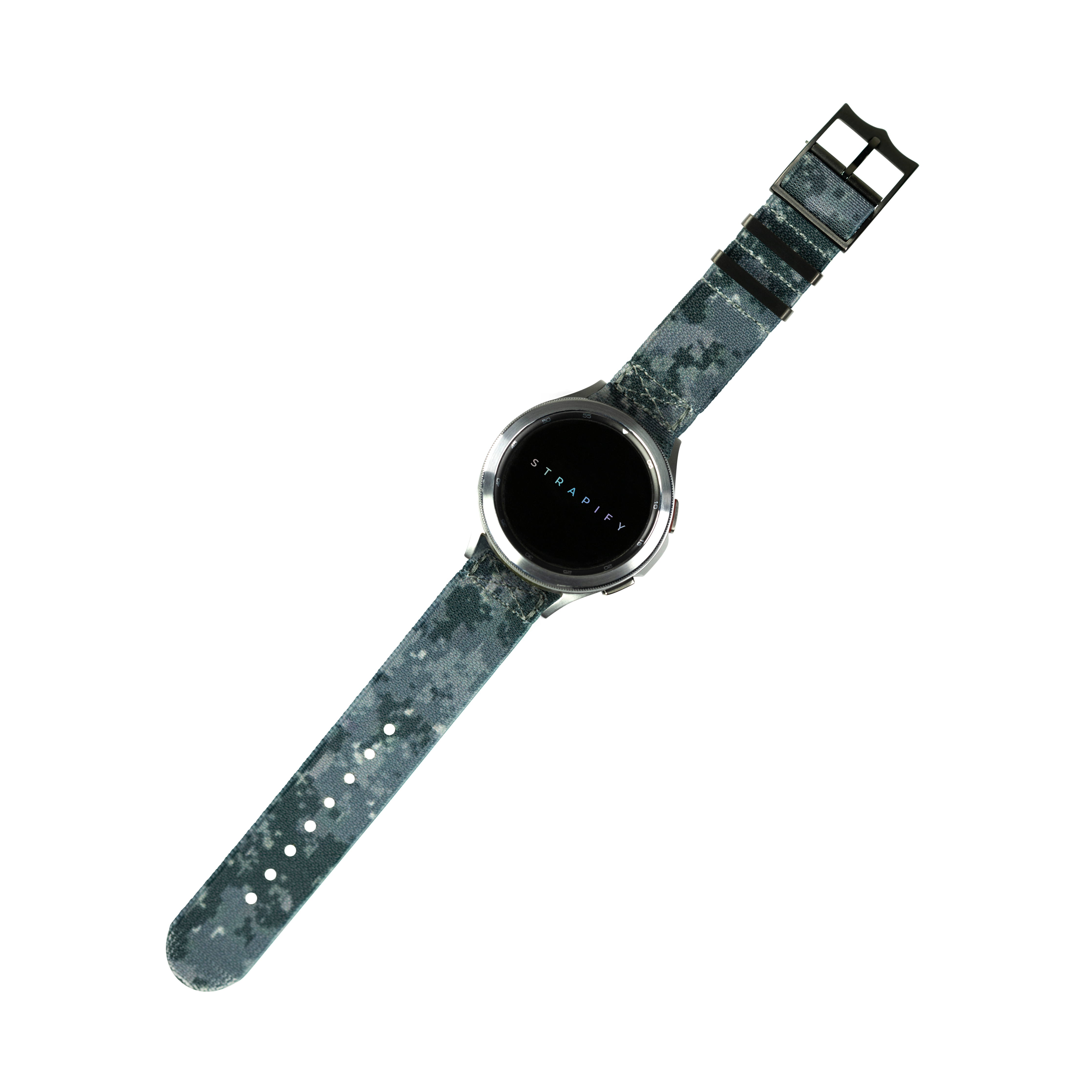 QuickFit ElastoFlex digital camo 22mm watch strap with black hardware and Stradify smartwatch display