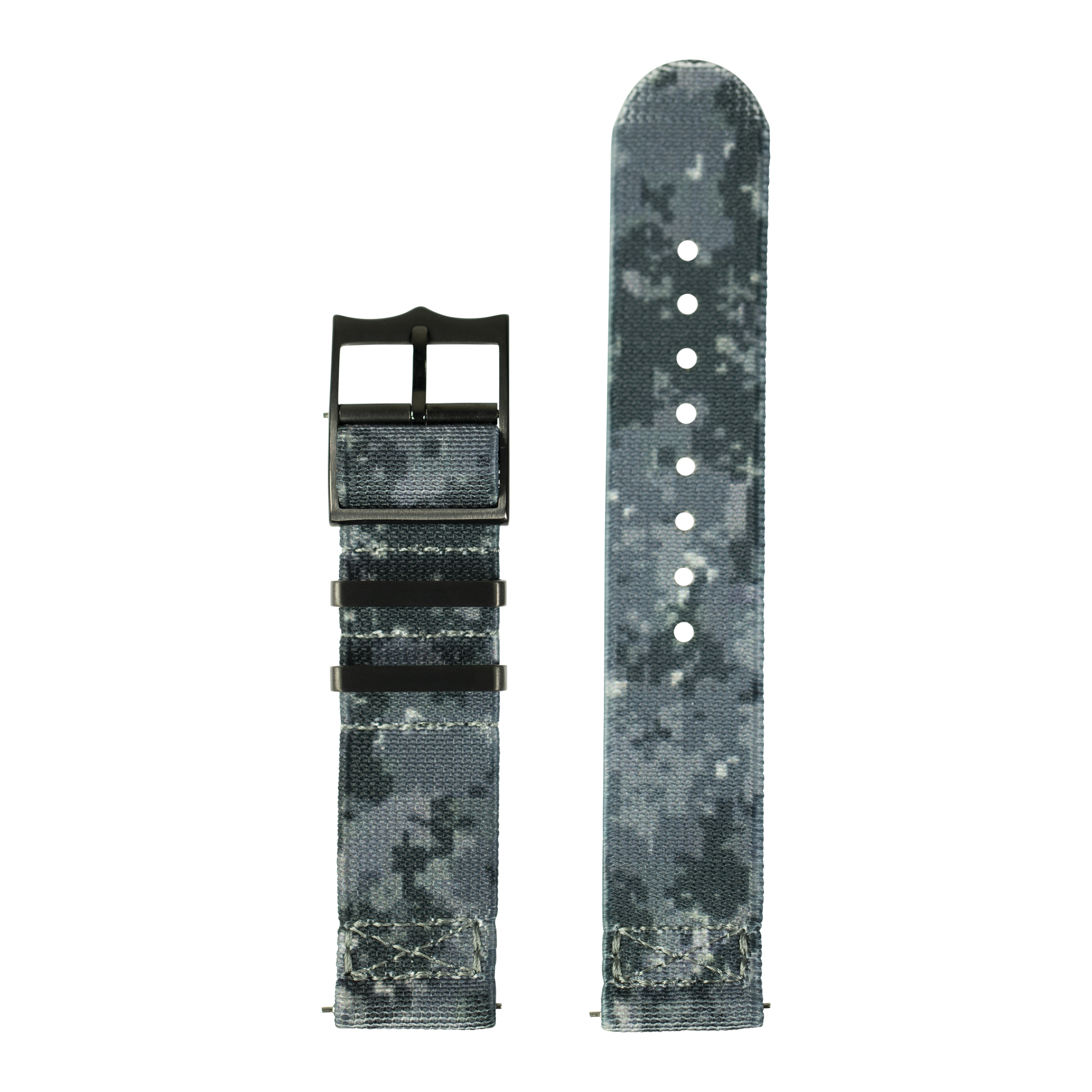 QuickFit ElastoFlex digital camo fabric watch band 22mm with black hardware, shown closed and open configuration
