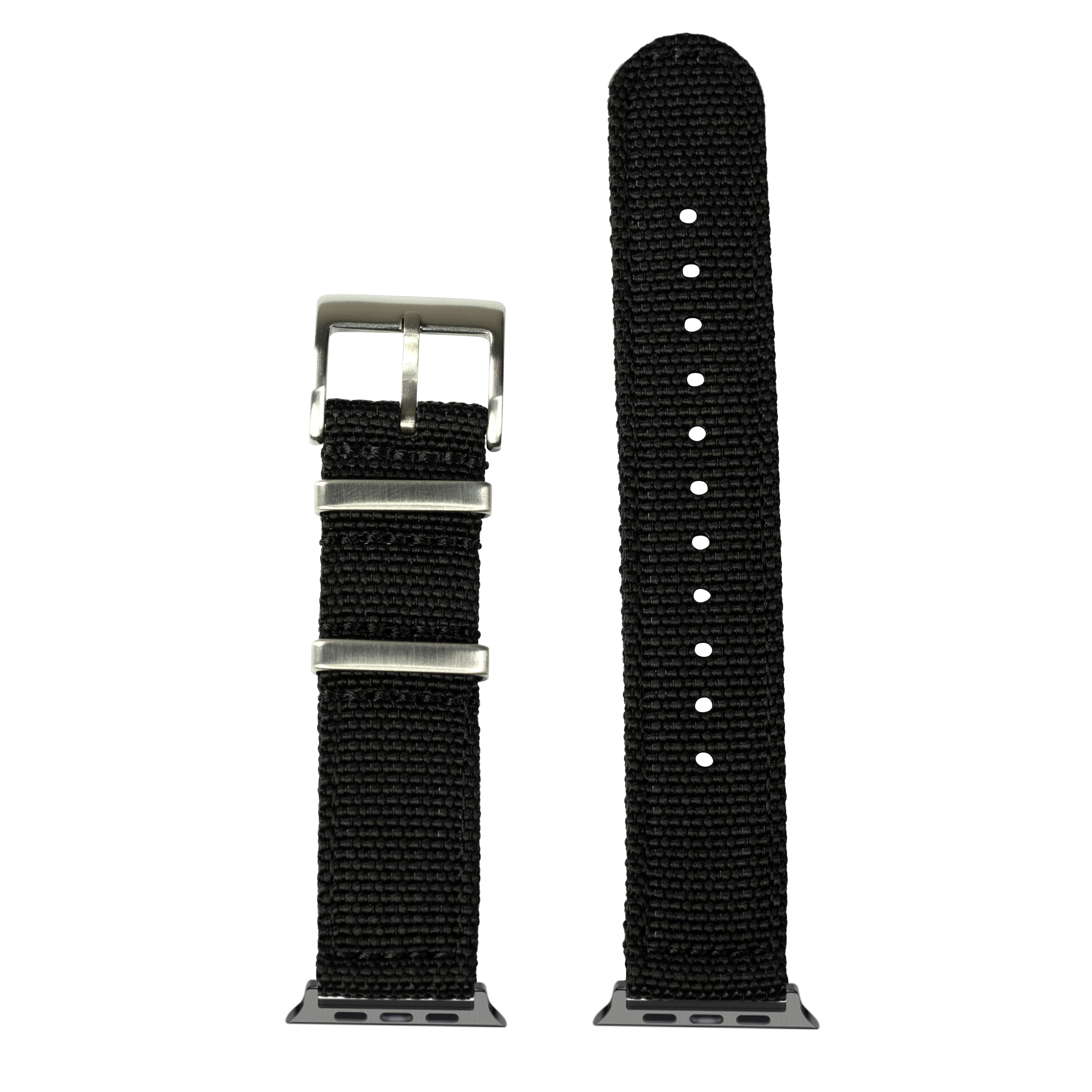 Black fabric military watch band with silver buckle and connector adapters for Apple Watch