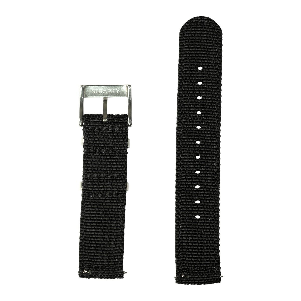 Black canvas military watch band with silver buckle for Fitbit Versa and Sense smartwatches