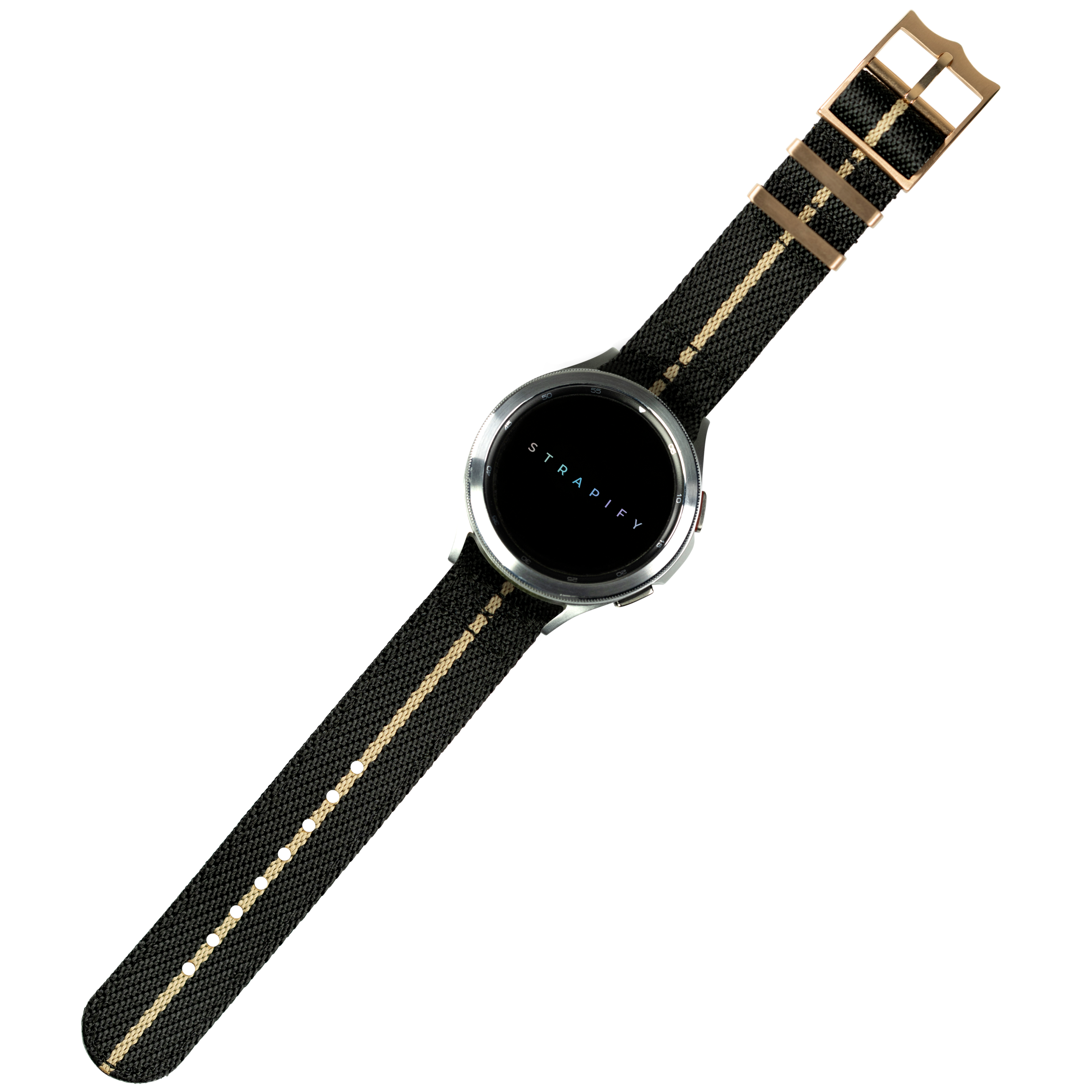 Strapify smartwatch with black canvas strap, gold hardware buckle, and round AMOLED display showing time