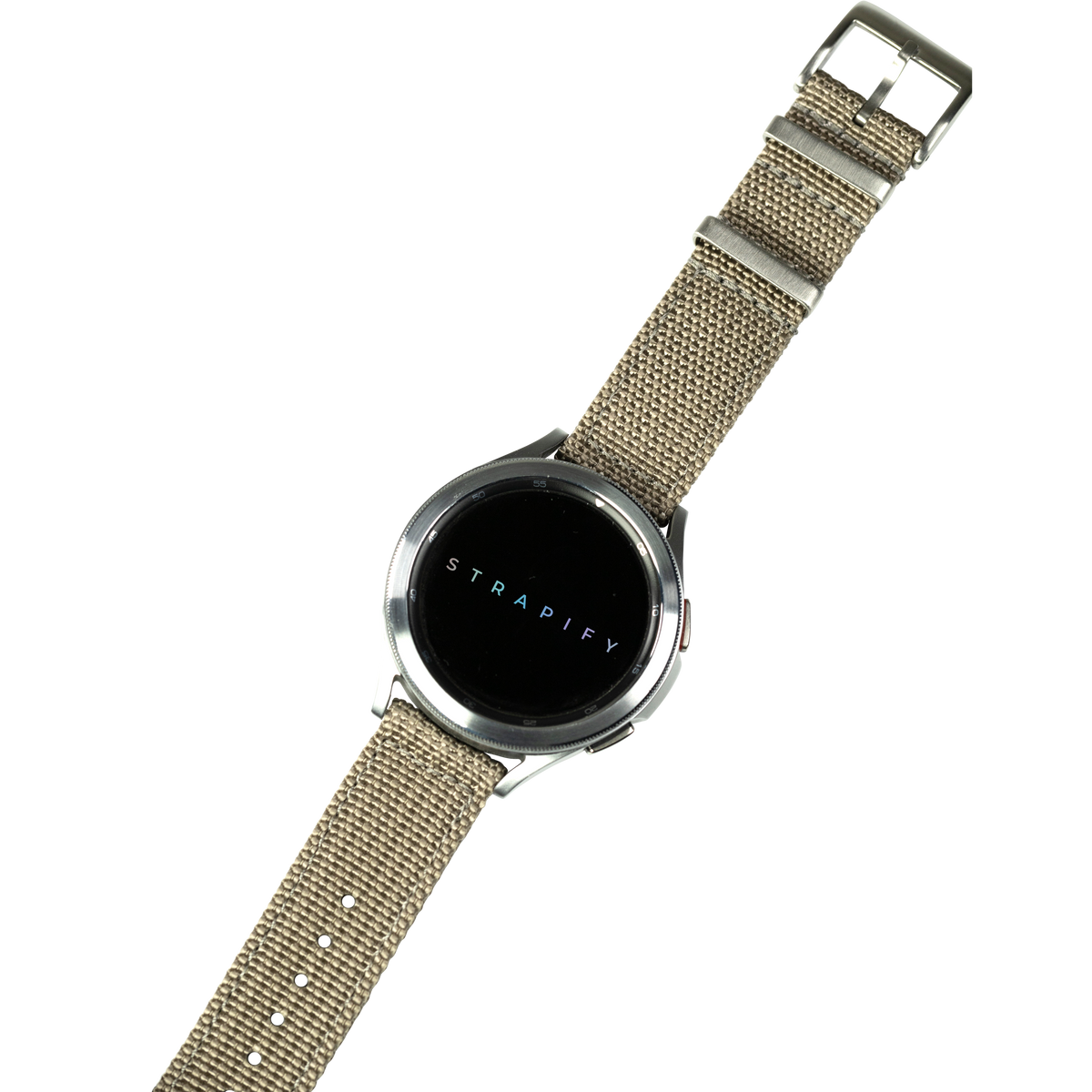 Strapify smartwatch with khaki canvas band and square metal buckle on black AMOLED display face