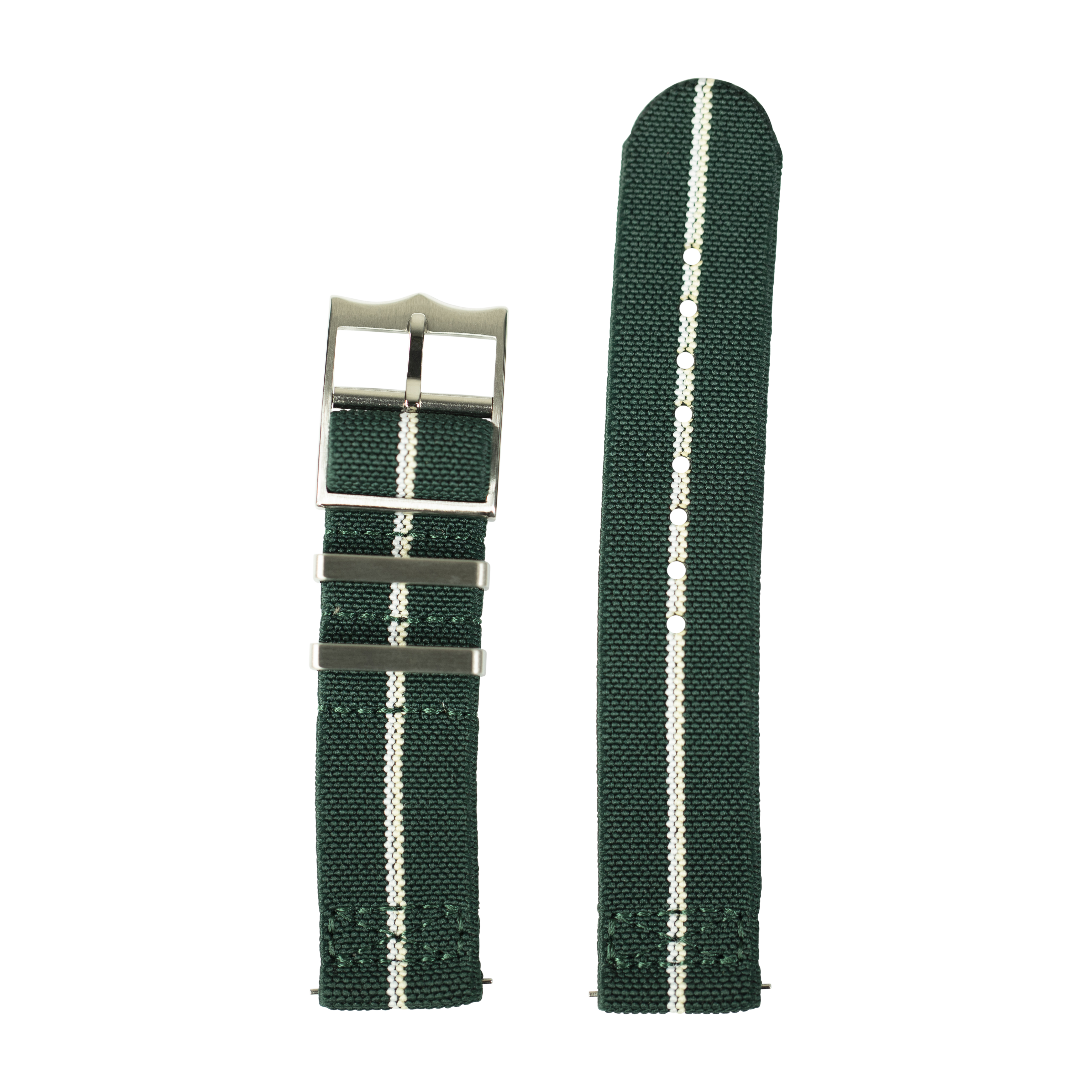 Green and white striped elastic watch strap with metal buckle and quick-fit connector system, 22mm width