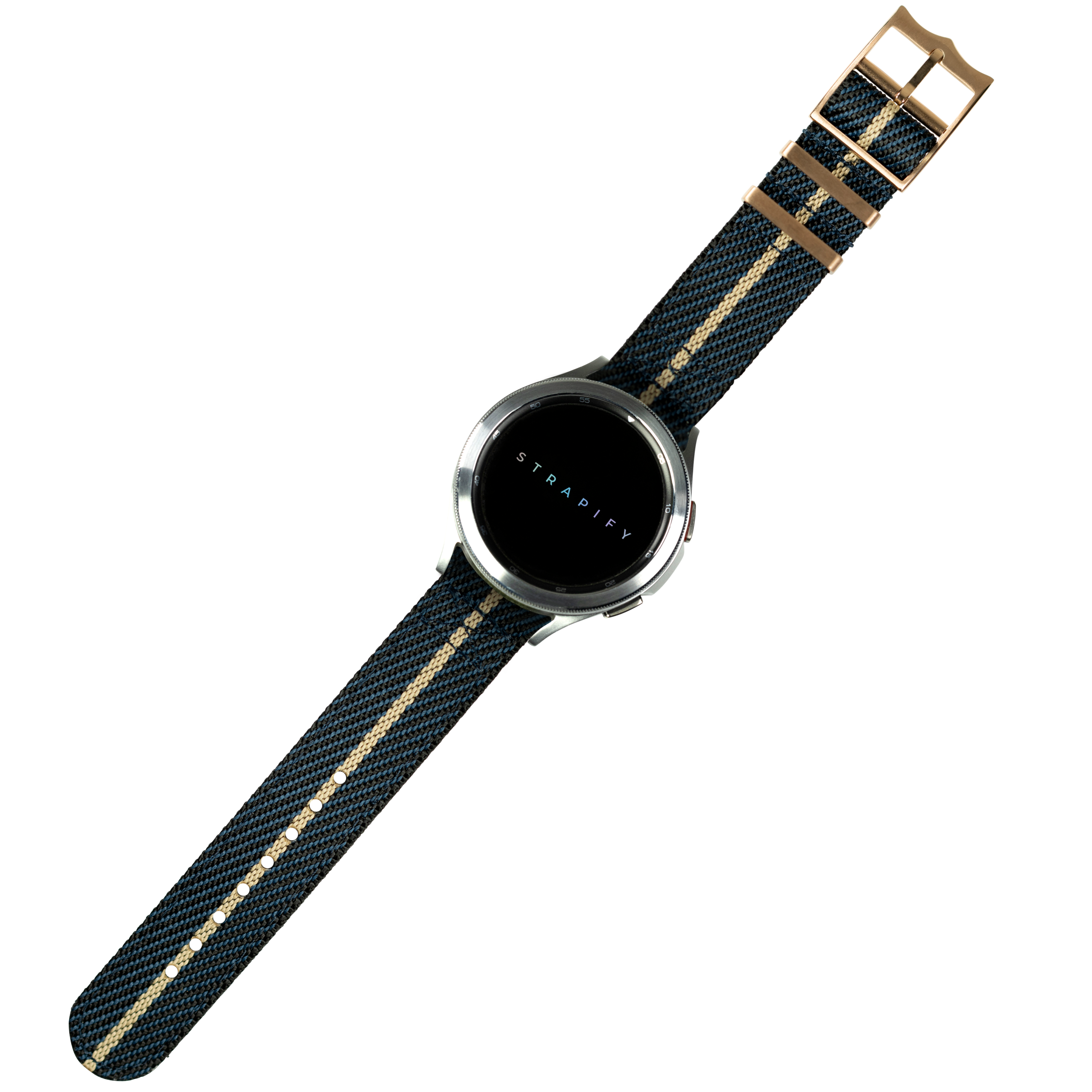 Strapify Cross Militex night blue wheat smartwatch band with rose gold hardware and buckle