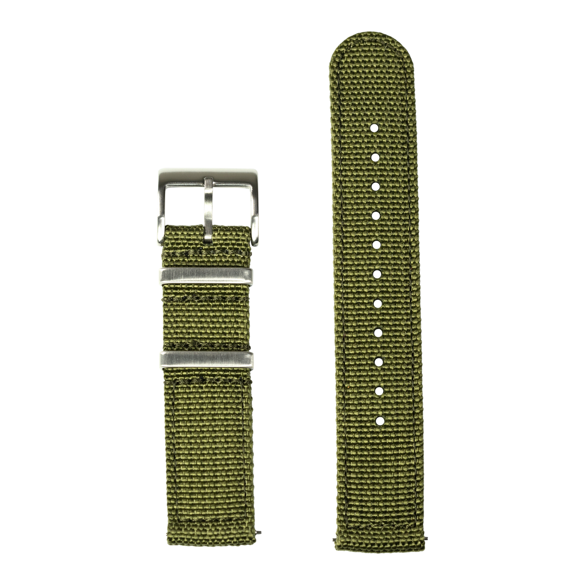 Olive green canvas watch band with stainless steel buckle for Fitbit Versa and Sense smartwatches, displayed folded and unfolded