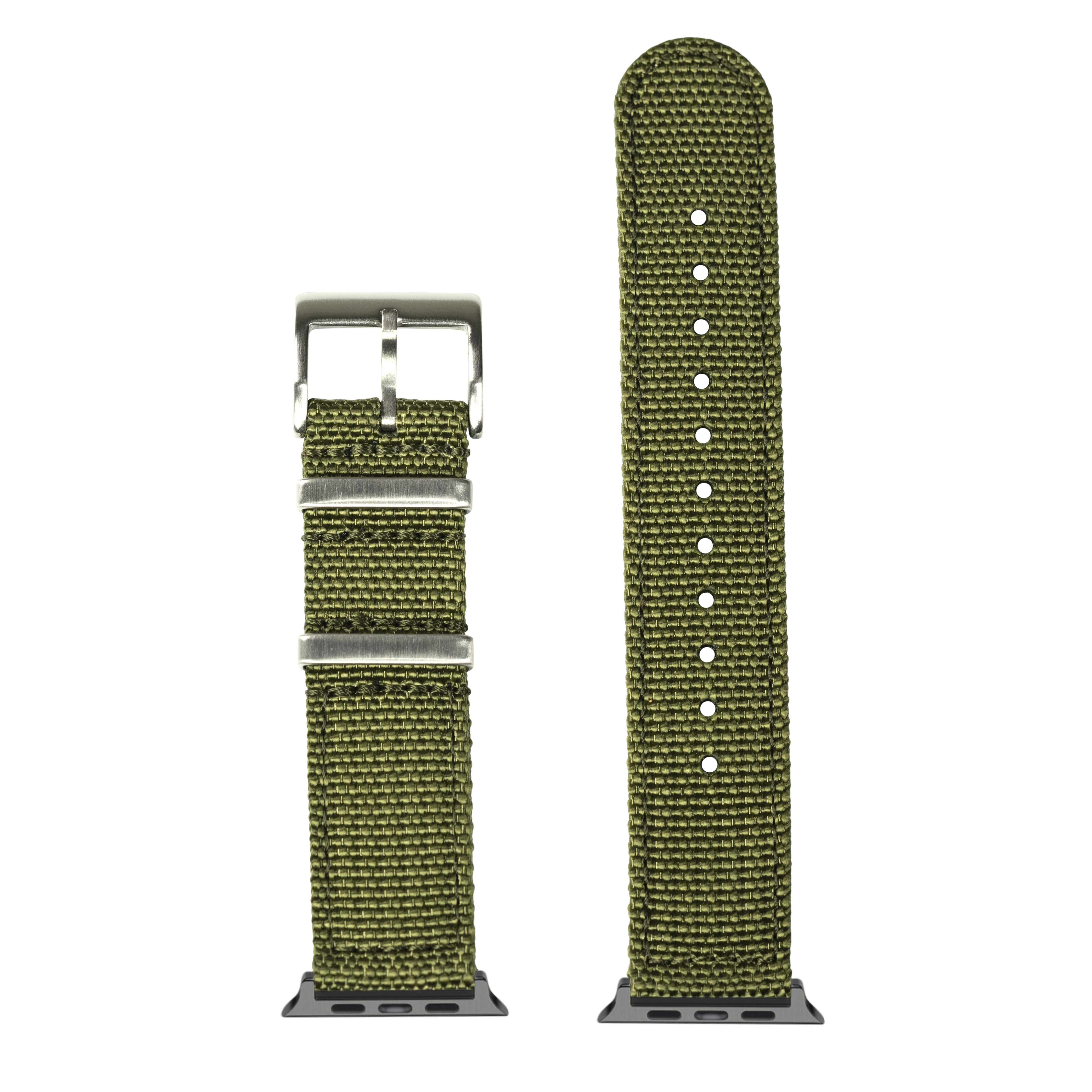 Army green canvas smartwatch band with silver buckle and connector, shown assembled and unassembled