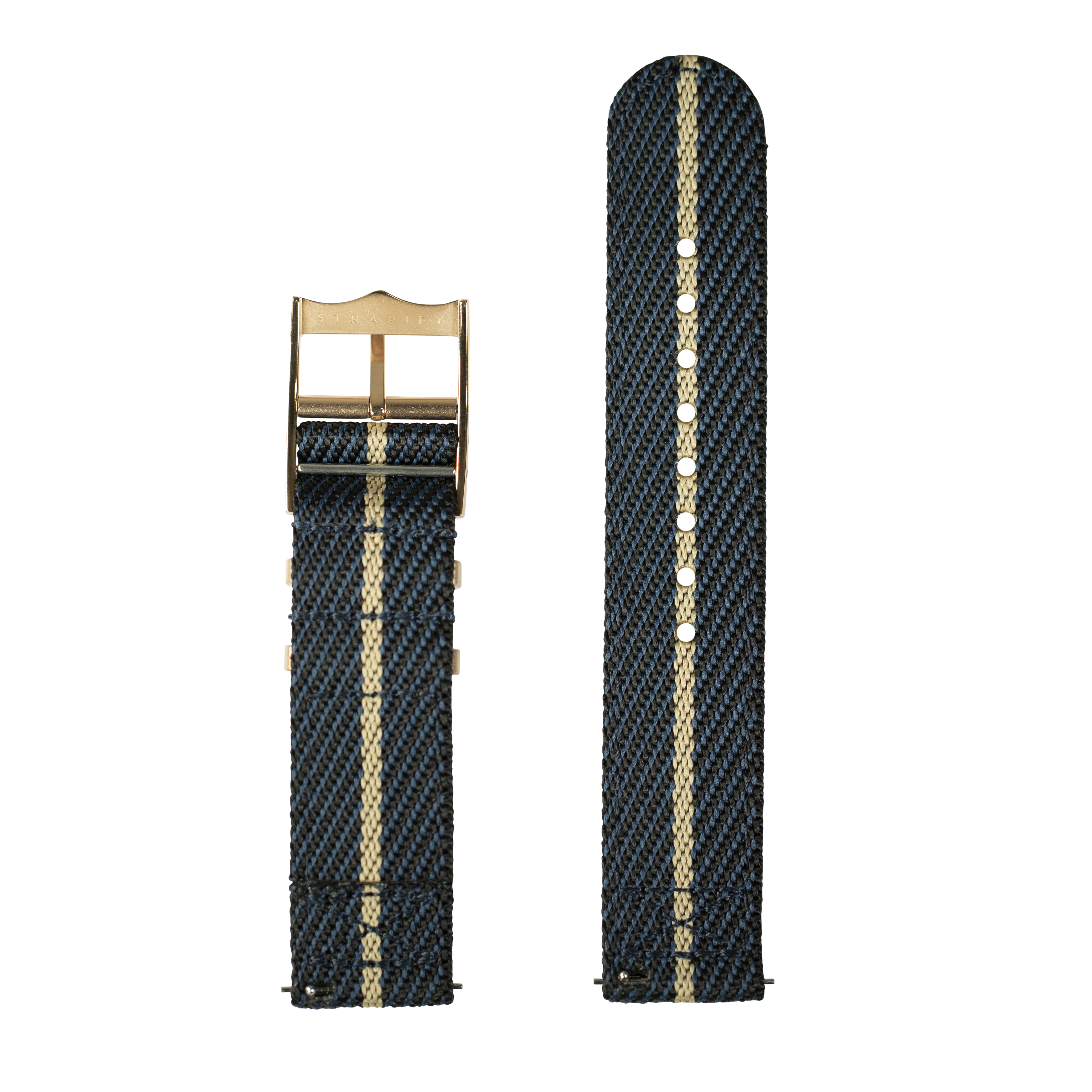 Navy blue and wheat striped fabric watch band with rose gold buckle for Fitbit Versa and Sense smartwatch