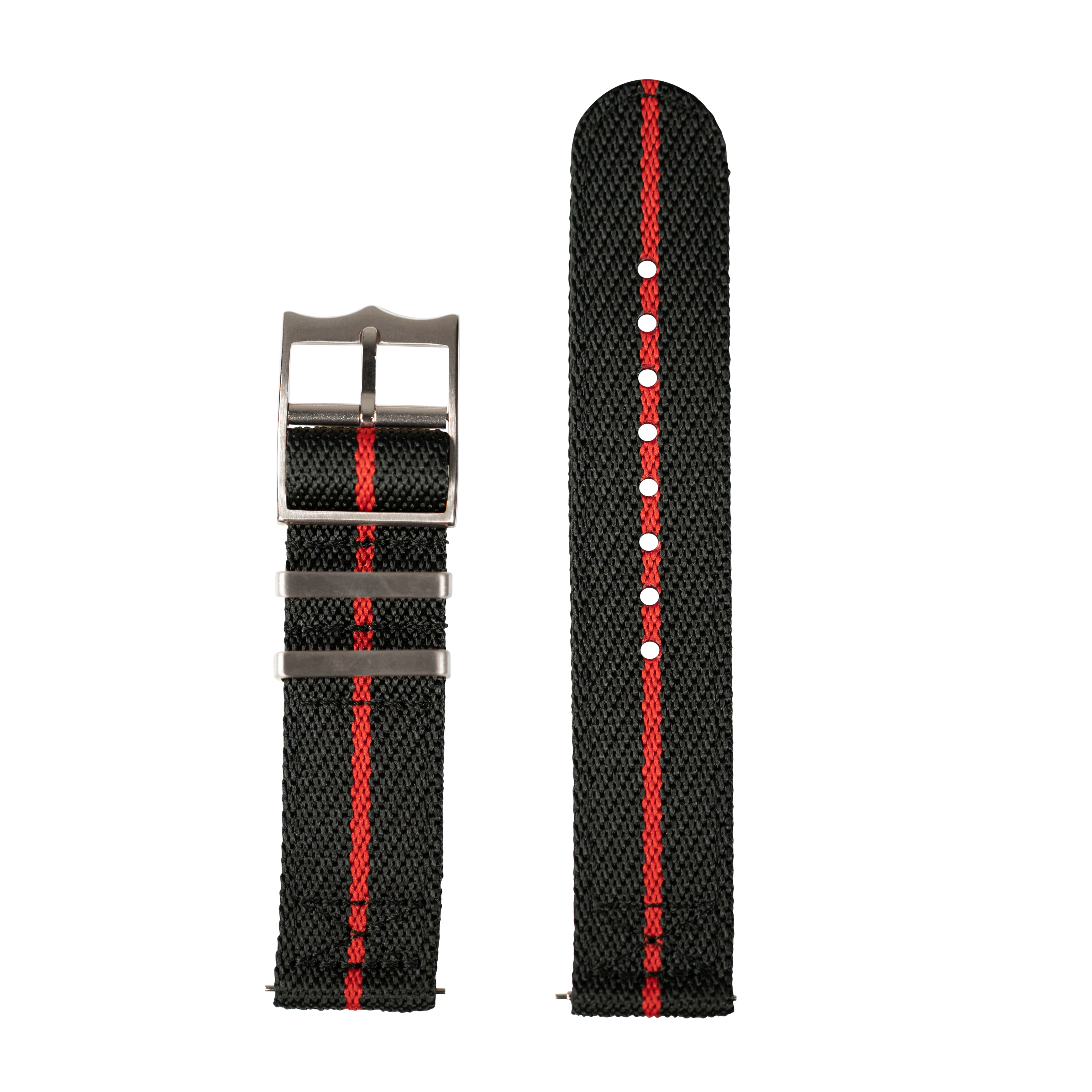 Black and red striped militex watch band with metal buckle for Fitbit Versa and Sense smartwatches