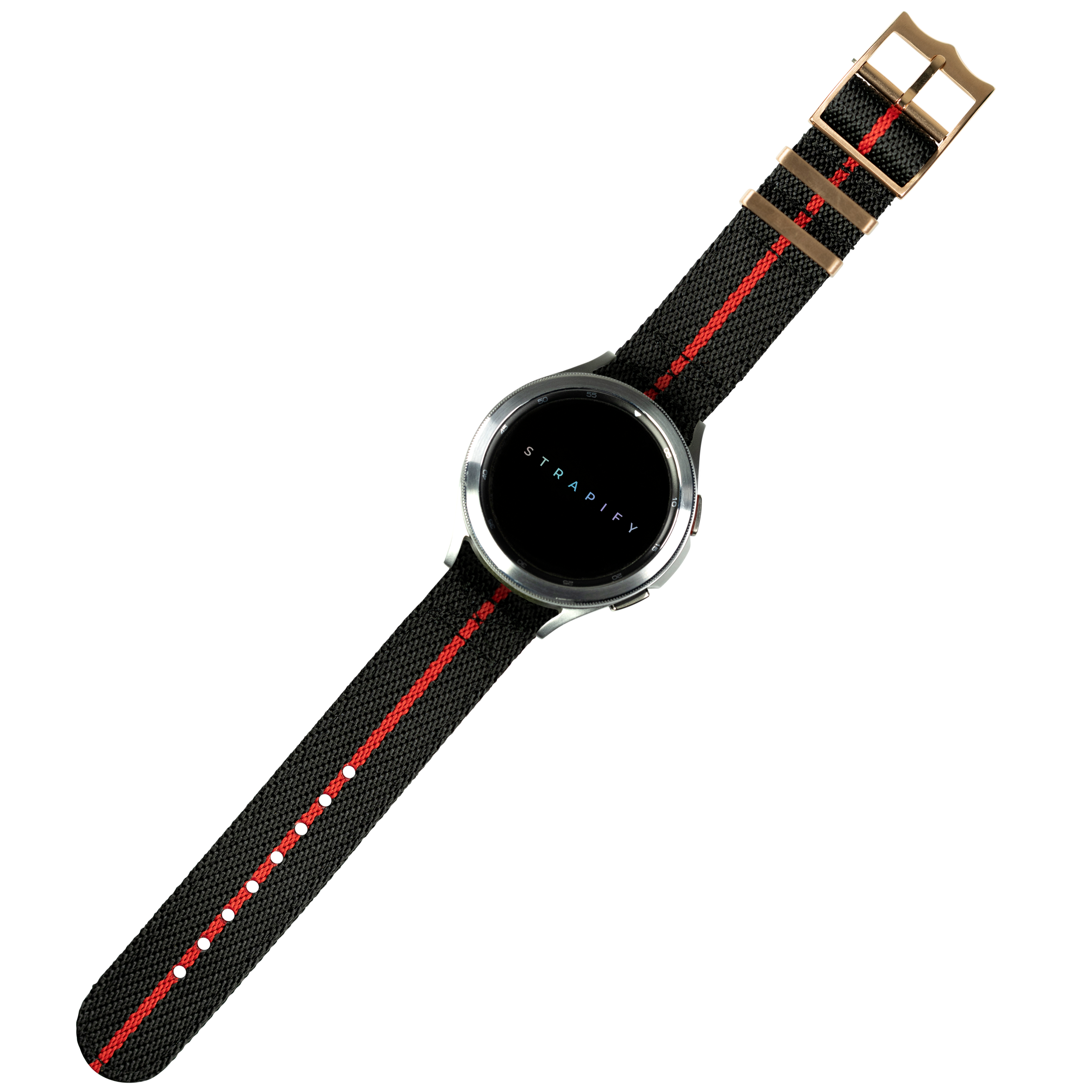 Strapify black canvas watch band with red stripe and rose gold buckle for Fitbit smartwatch