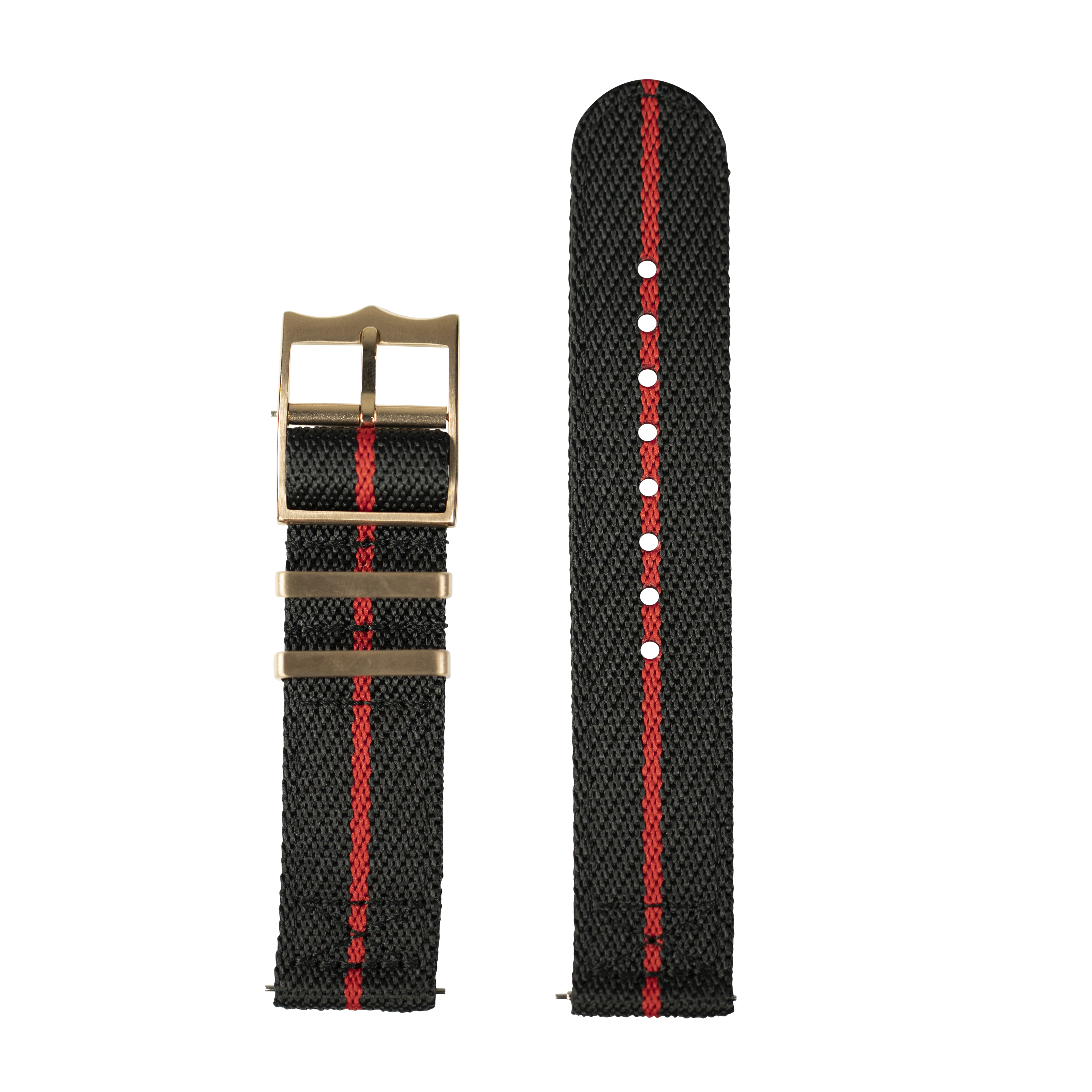 Black and red military-style watch strap with rose gold buckle and white stitching detail shown assembled and unassembled
