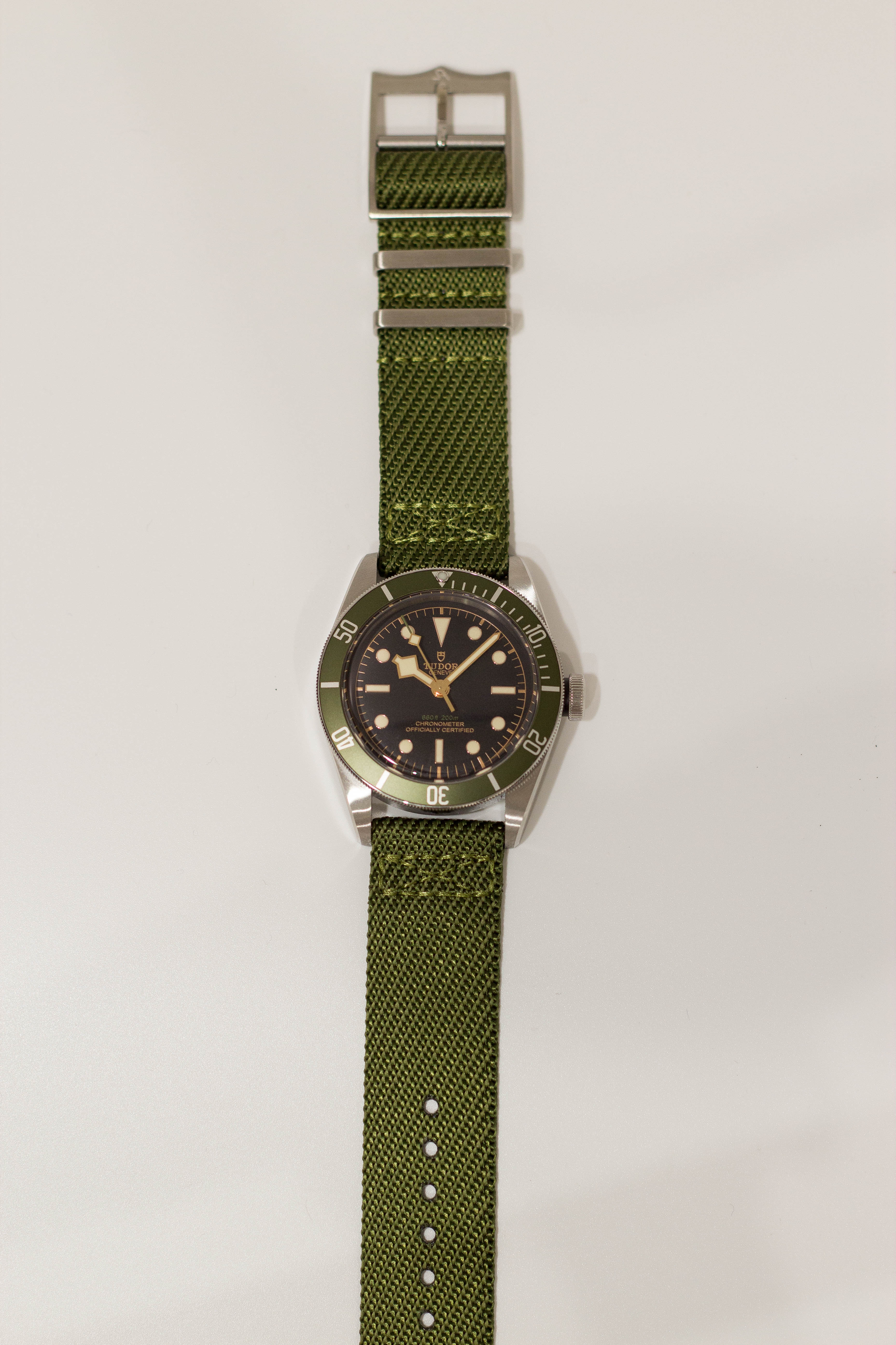 Army green cross NATO watch strap on watch
