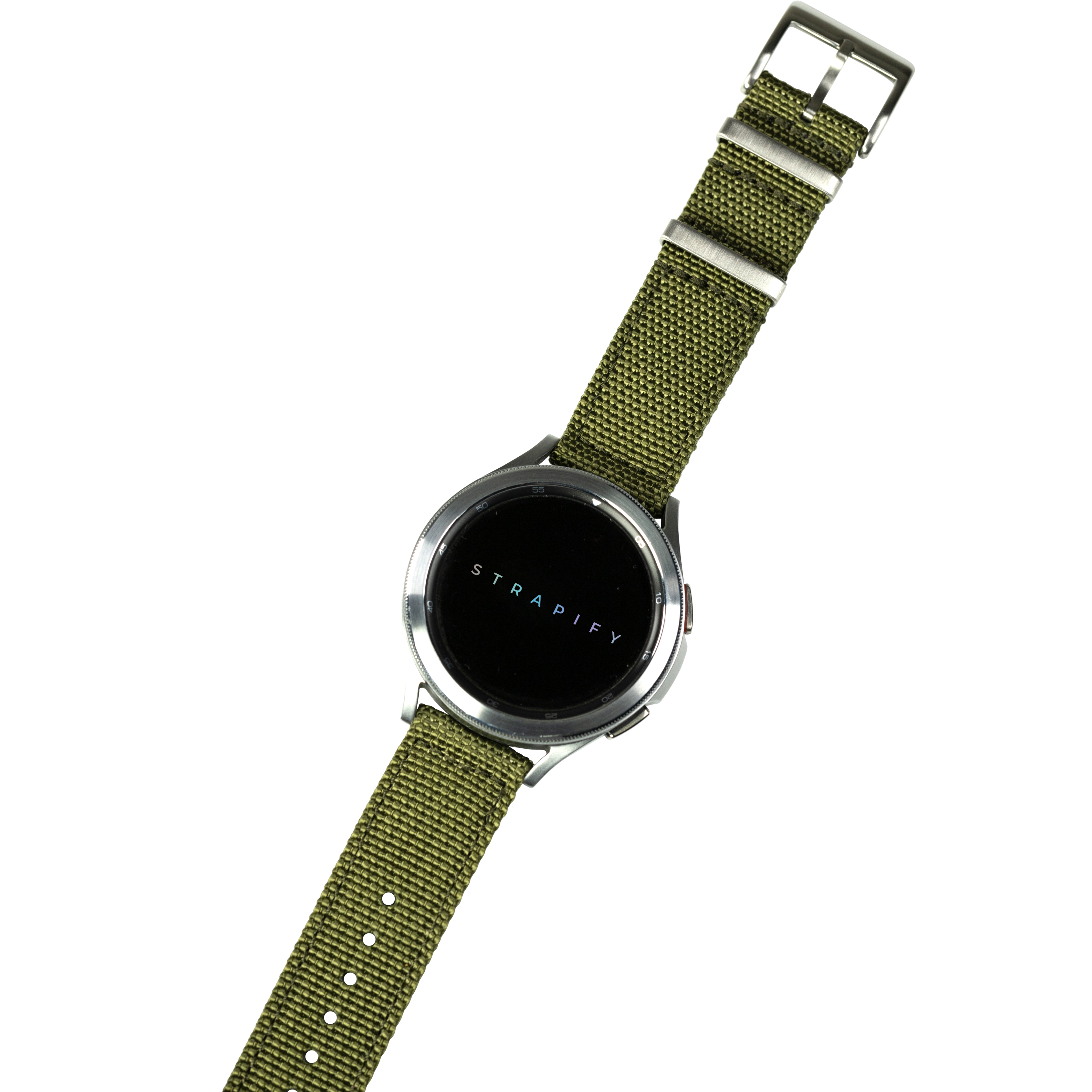 Strapify smartwatch with olive green military textile band and quick release buckle